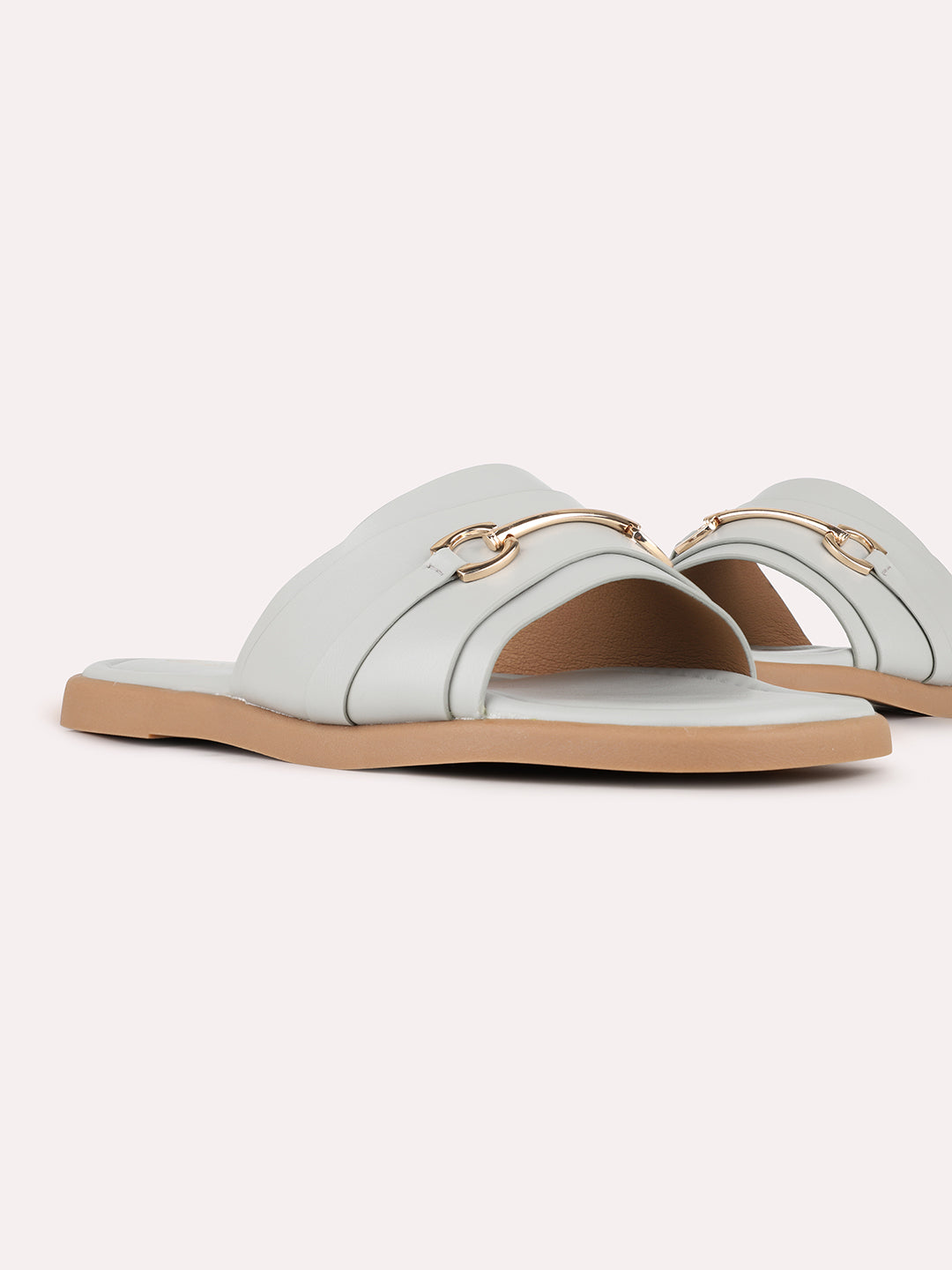 Womens Grey Casual Solid Open Toe Slip-On Flats