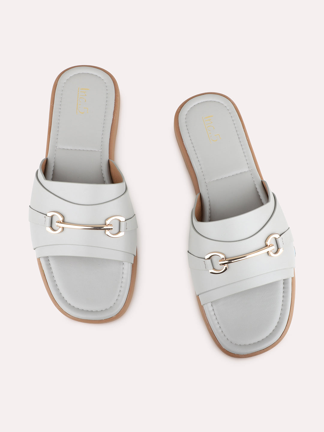 Womens Grey Casual Solid Open Toe Slip-On Flats