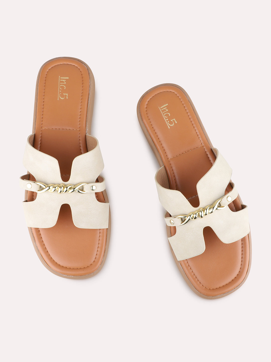 Womens Cream Casual Solid Open Toe Flat Slip-Ons