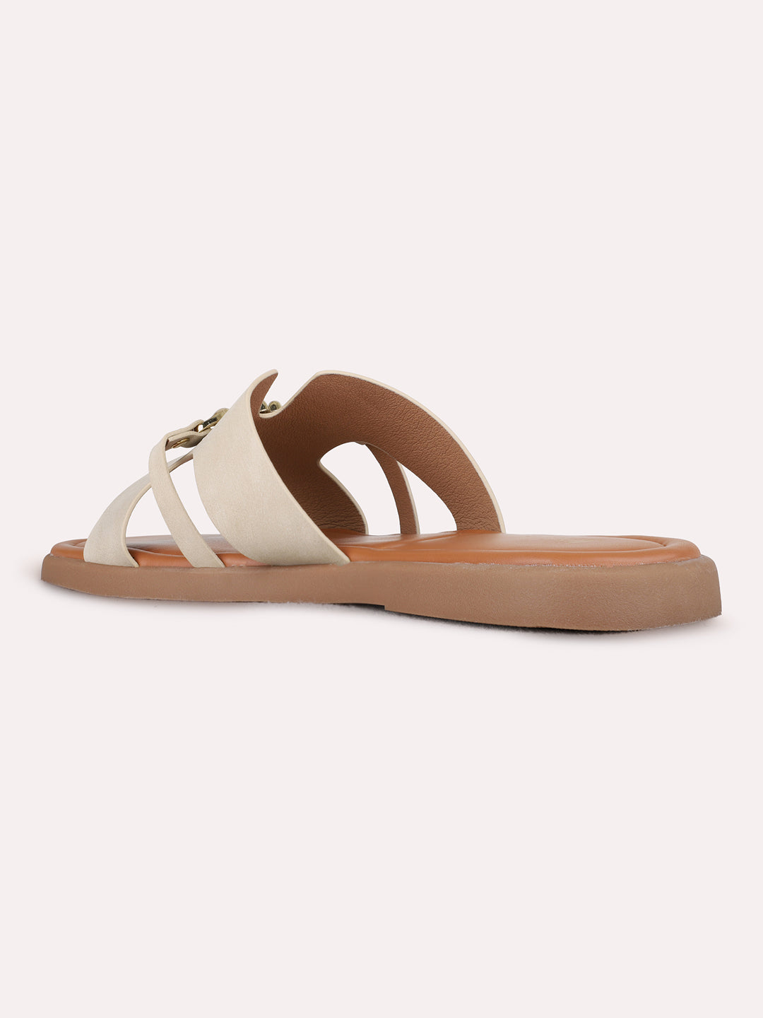 Womens Cream Casual Solid Open Toe Flat Slip-Ons