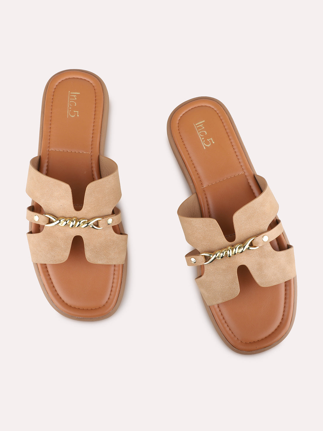 Womens Tan Casual Solid Open Toe Flat Slip-Ons