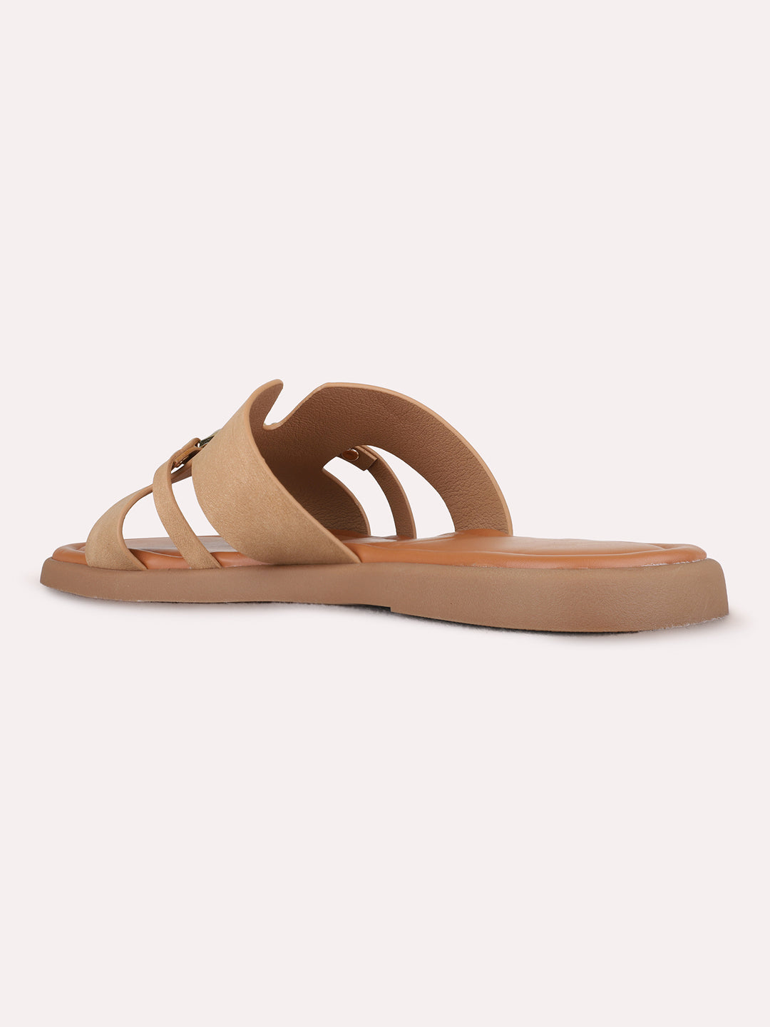 Womens Tan Casual Solid Open Toe Flat Slip-Ons