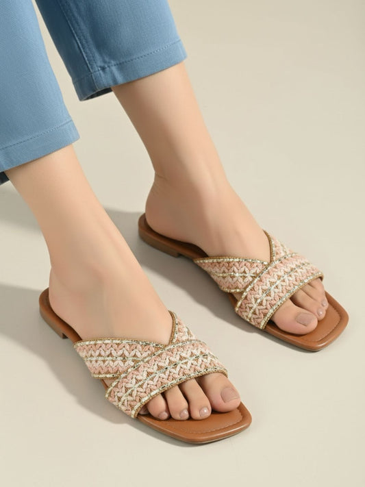 Womens Beige Casual Embellished Open Toe Flat Slip-Ons