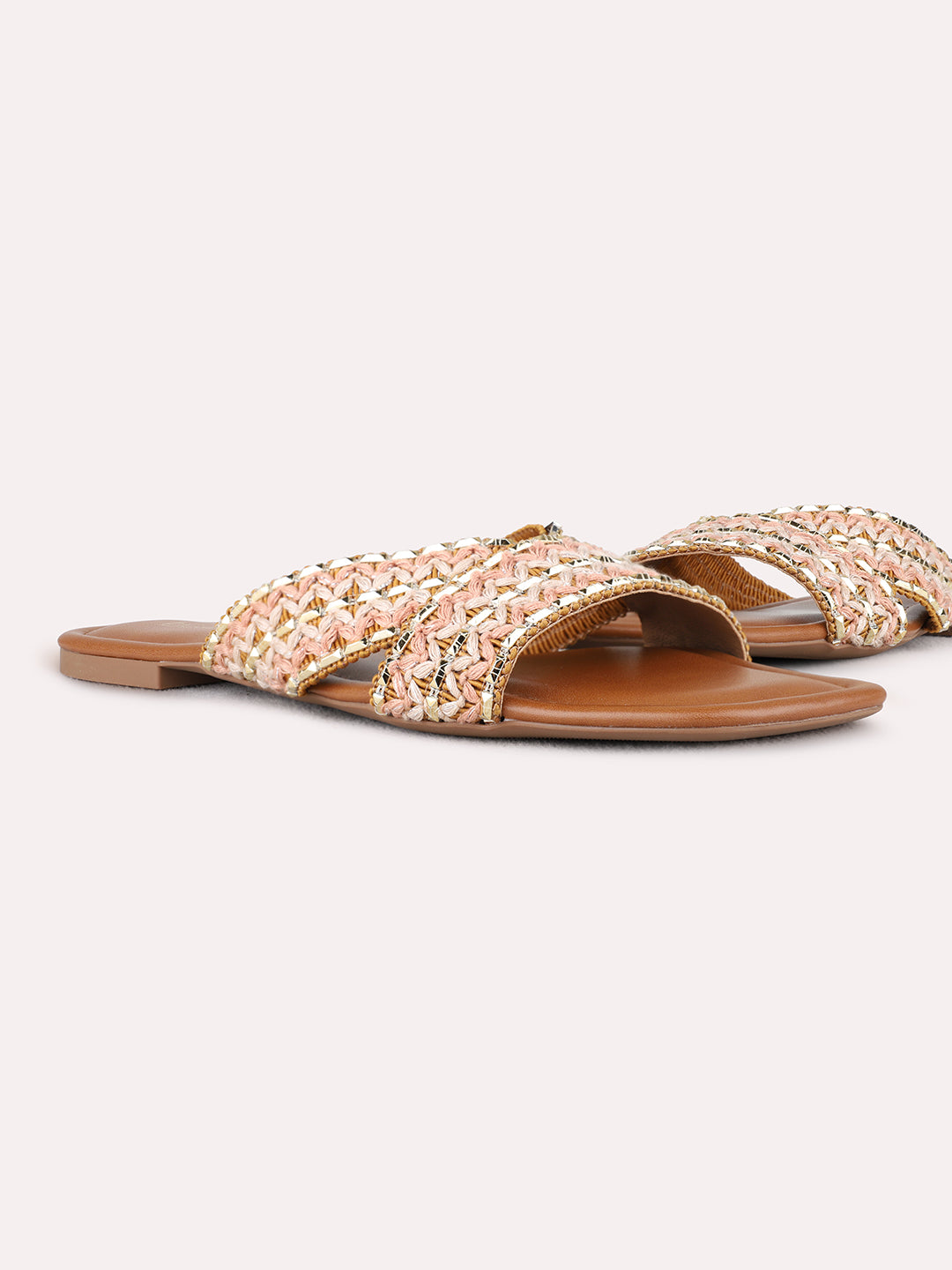 Womens Beige Casual Embellished Open Toe Flat Slip-Ons