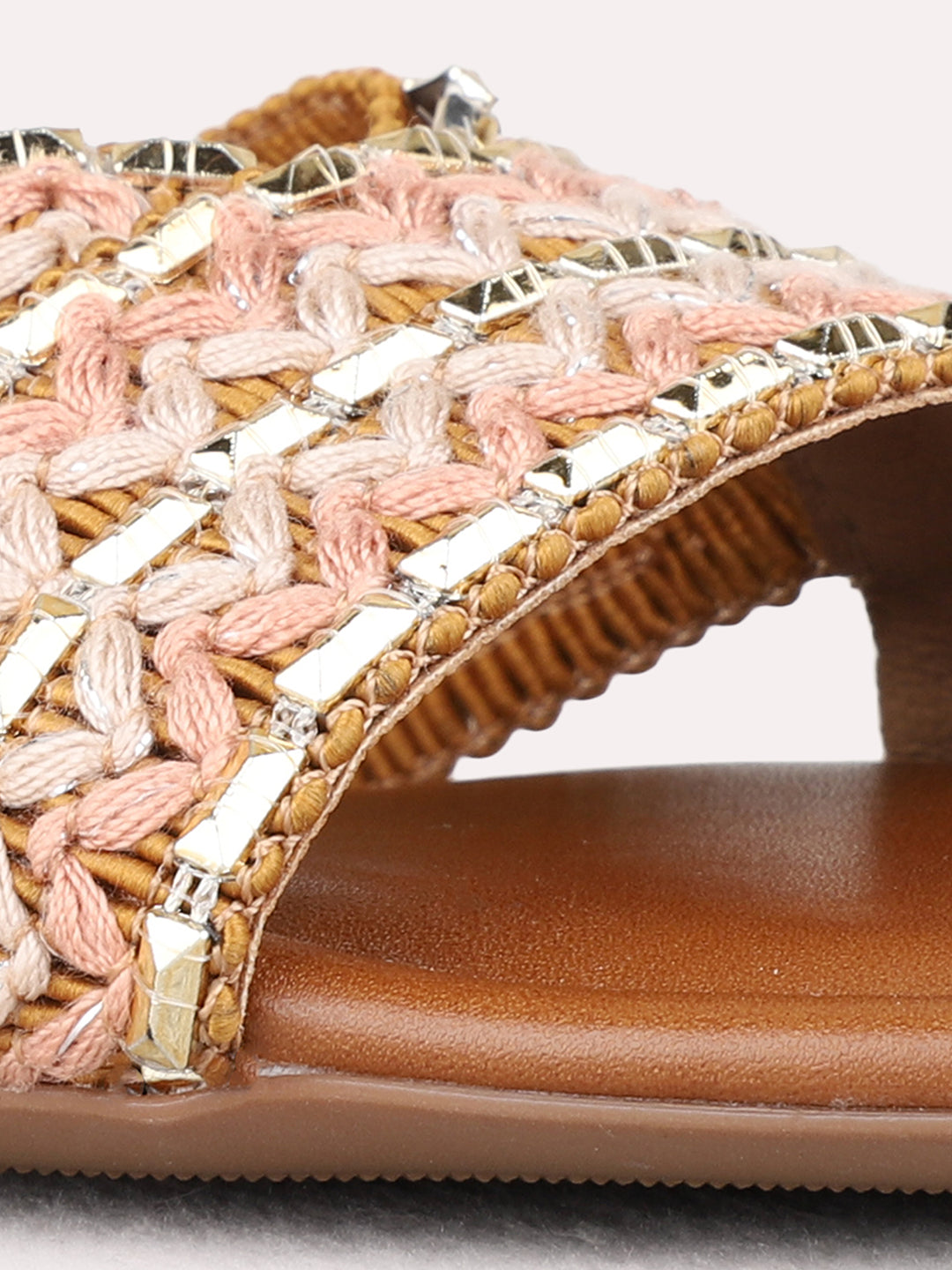 Womens Beige Casual Embellished Open Toe Flat Slip-Ons