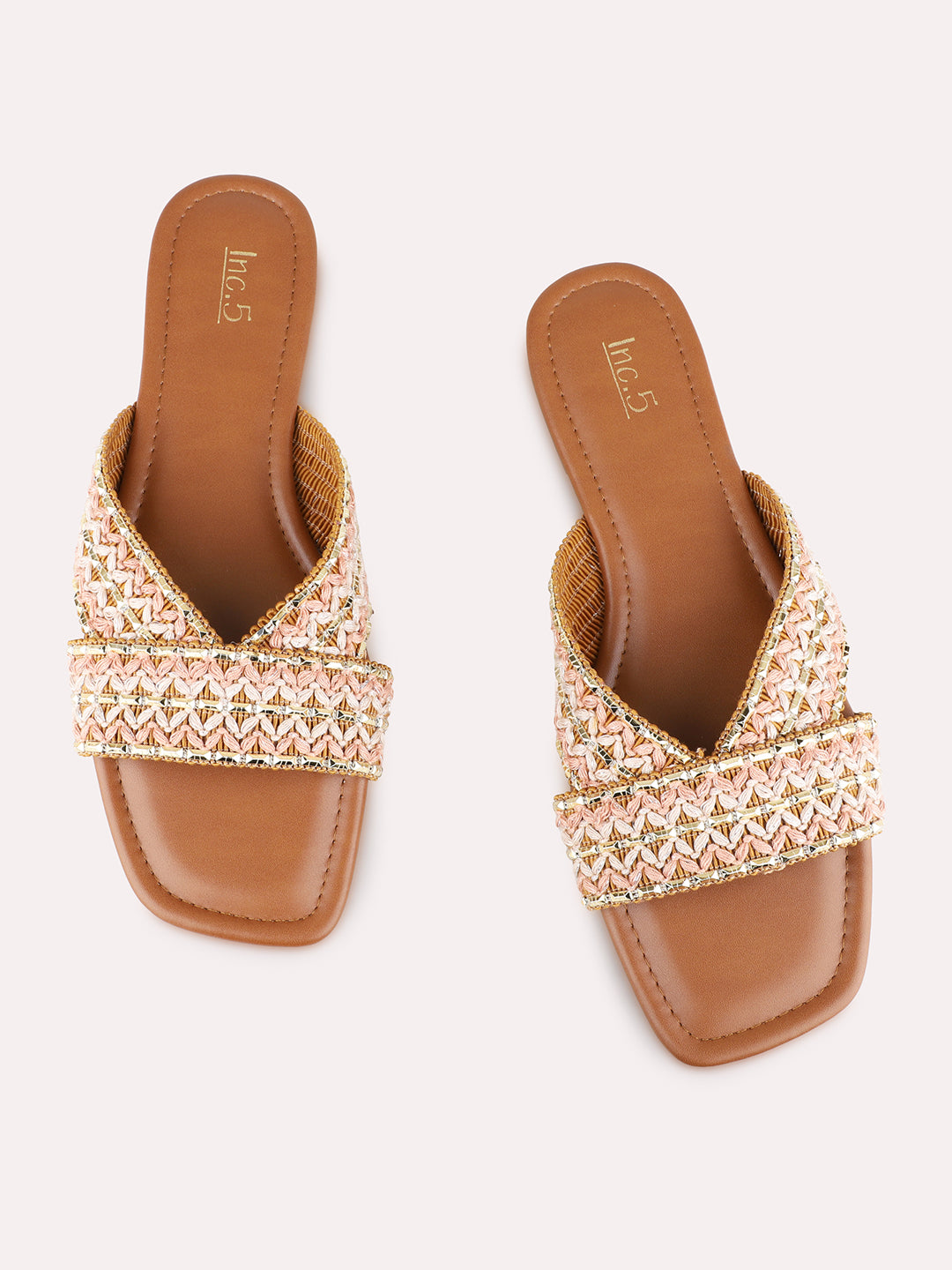 Womens Beige Casual Embellished Open Toe Flat Slip-Ons