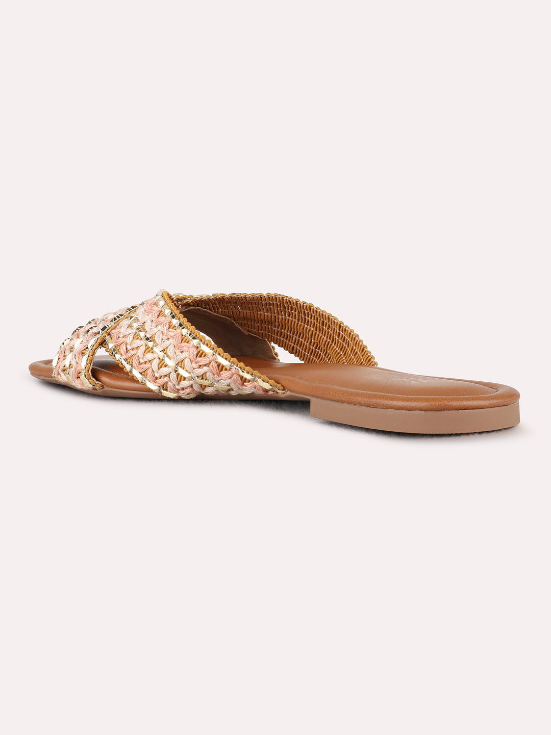 Womens Beige Casual Embellished Open Toe Flat Slip-Ons