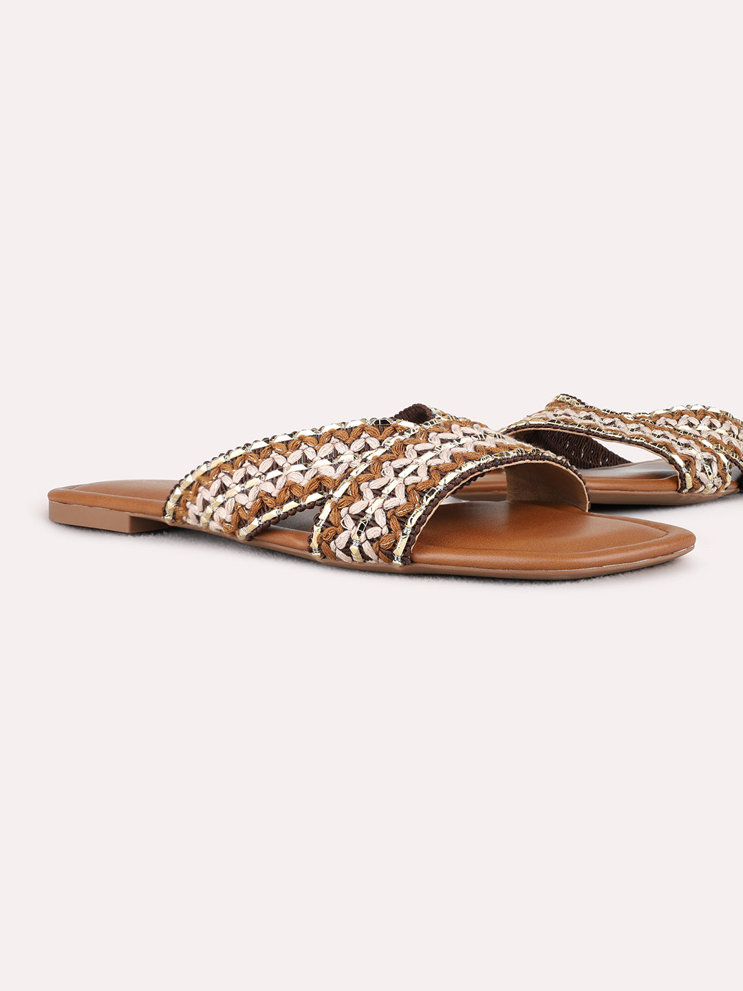 Womens Tan Casual Embellished Open Toe Flat Slip-Ons