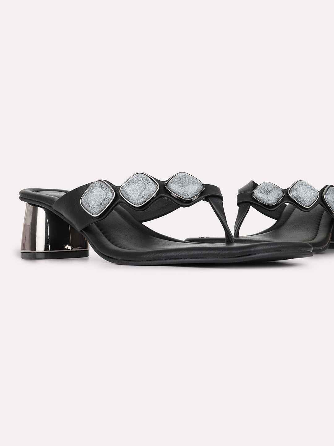 Womens Black Casual Embellished Square Toe Block Heels