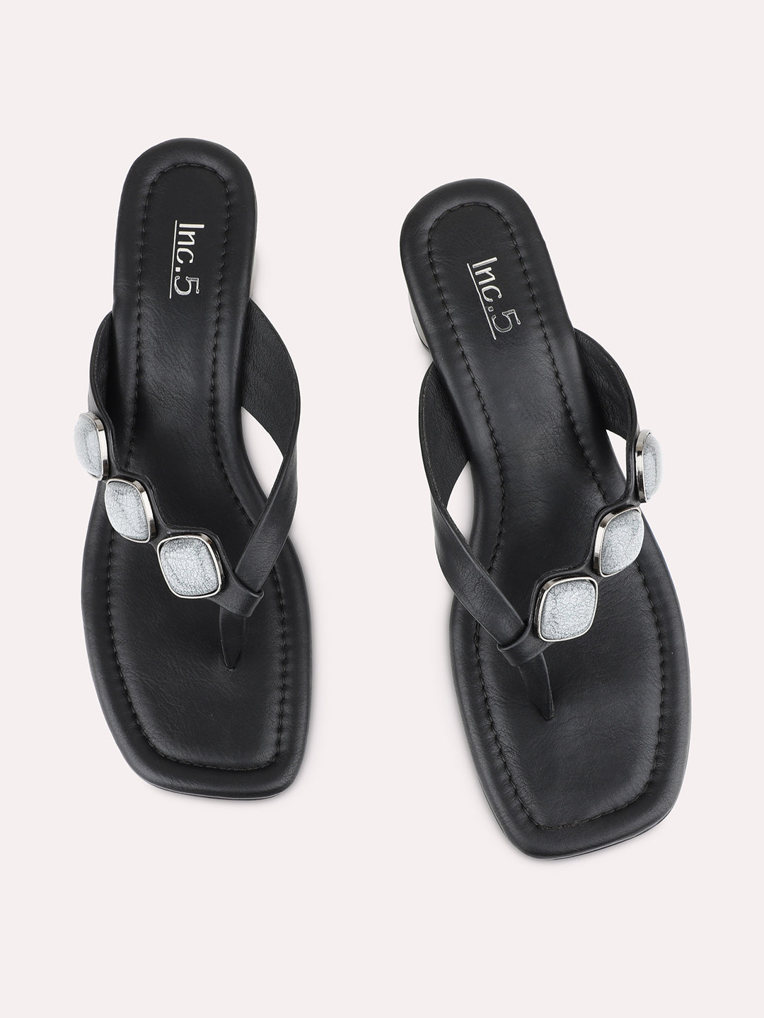 Womens Black Casual Embellished Square Toe Block Heels