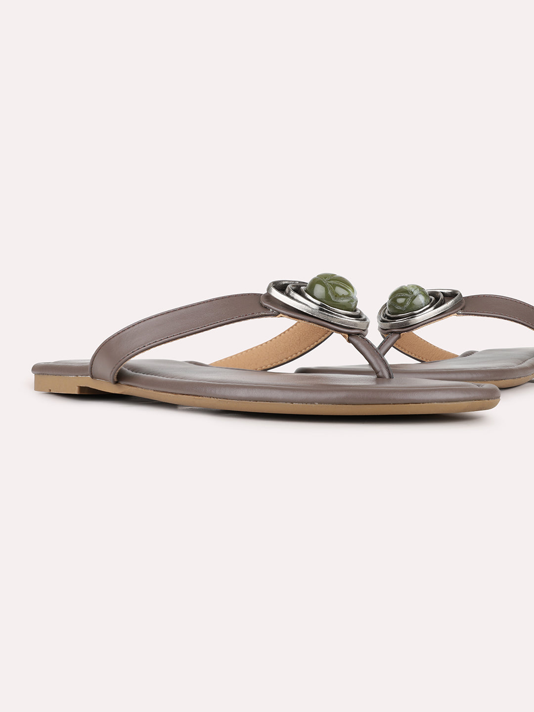 Womens Grey Casual Solid T-Strap Slip-On Flats