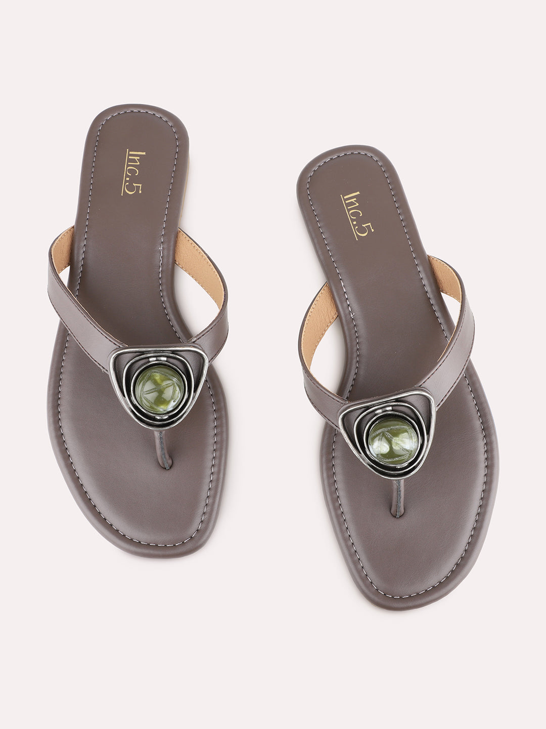 Womens Grey Casual Solid T-Strap Slip-On Flats