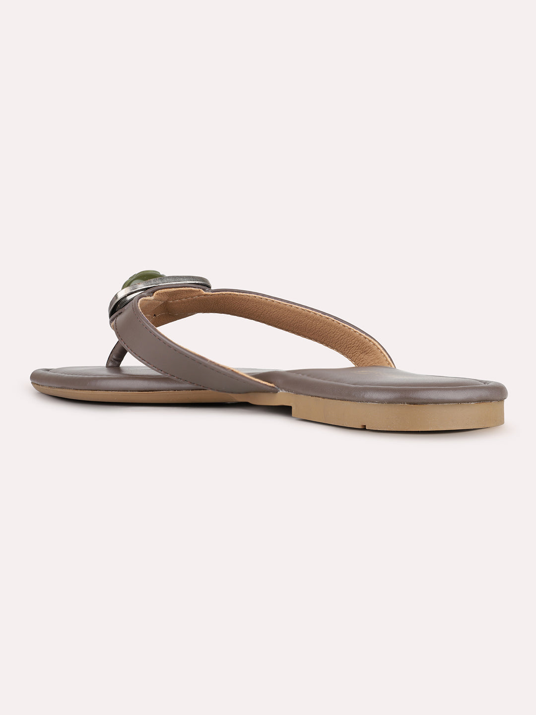 Womens Grey Casual Solid T-Strap Slip-On Flats