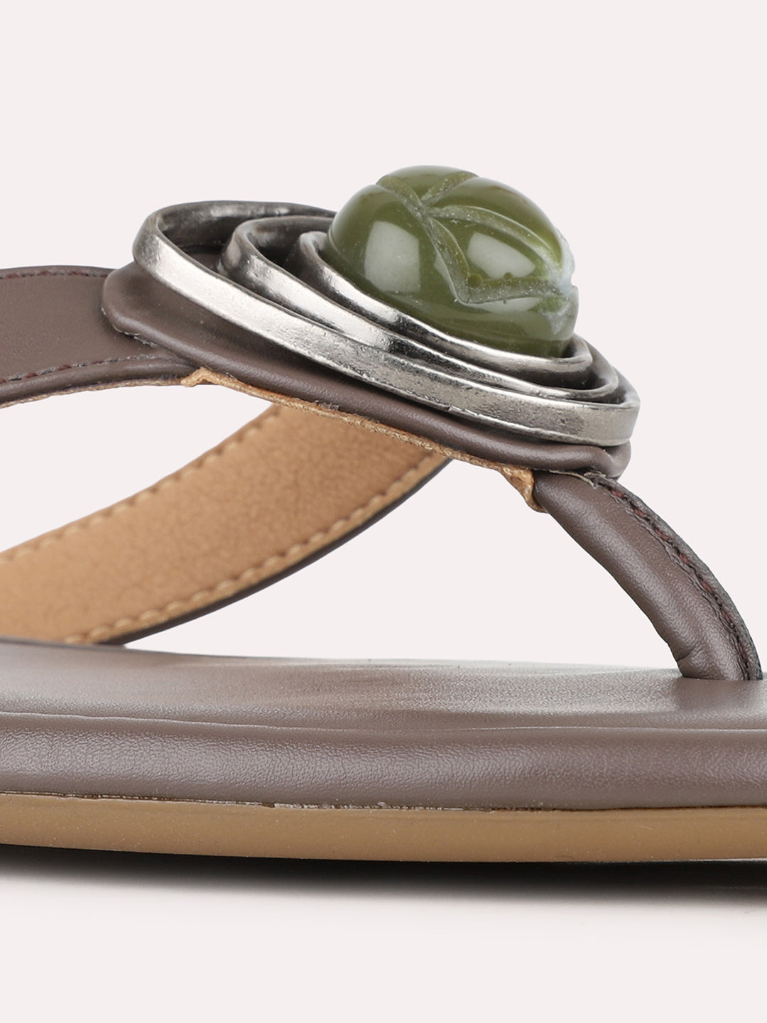 Womens Grey Casual Solid T-Strap Slip-On Flats