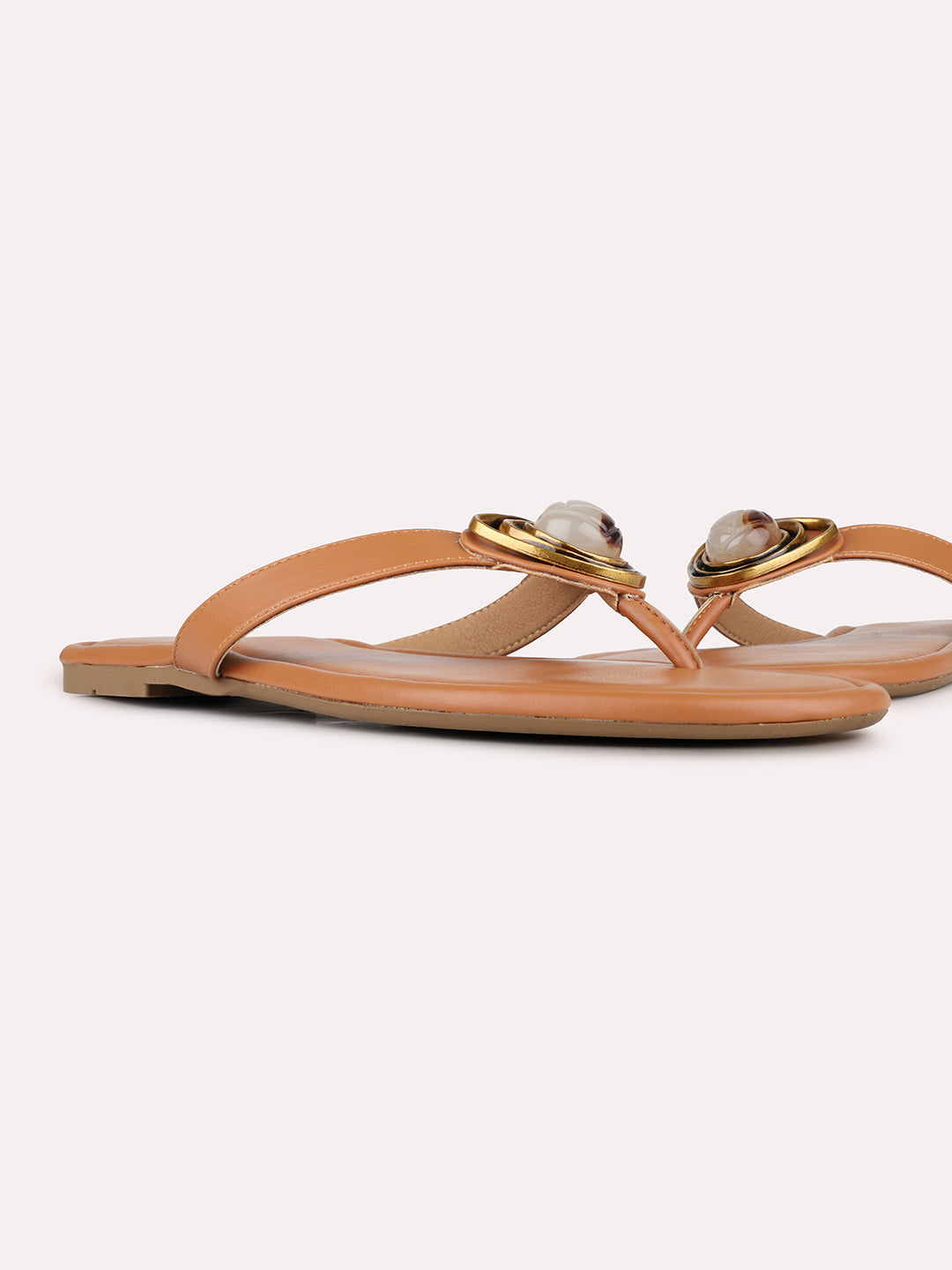 Womens Tan Casual Solid T-Strap Flat Slip-Ons