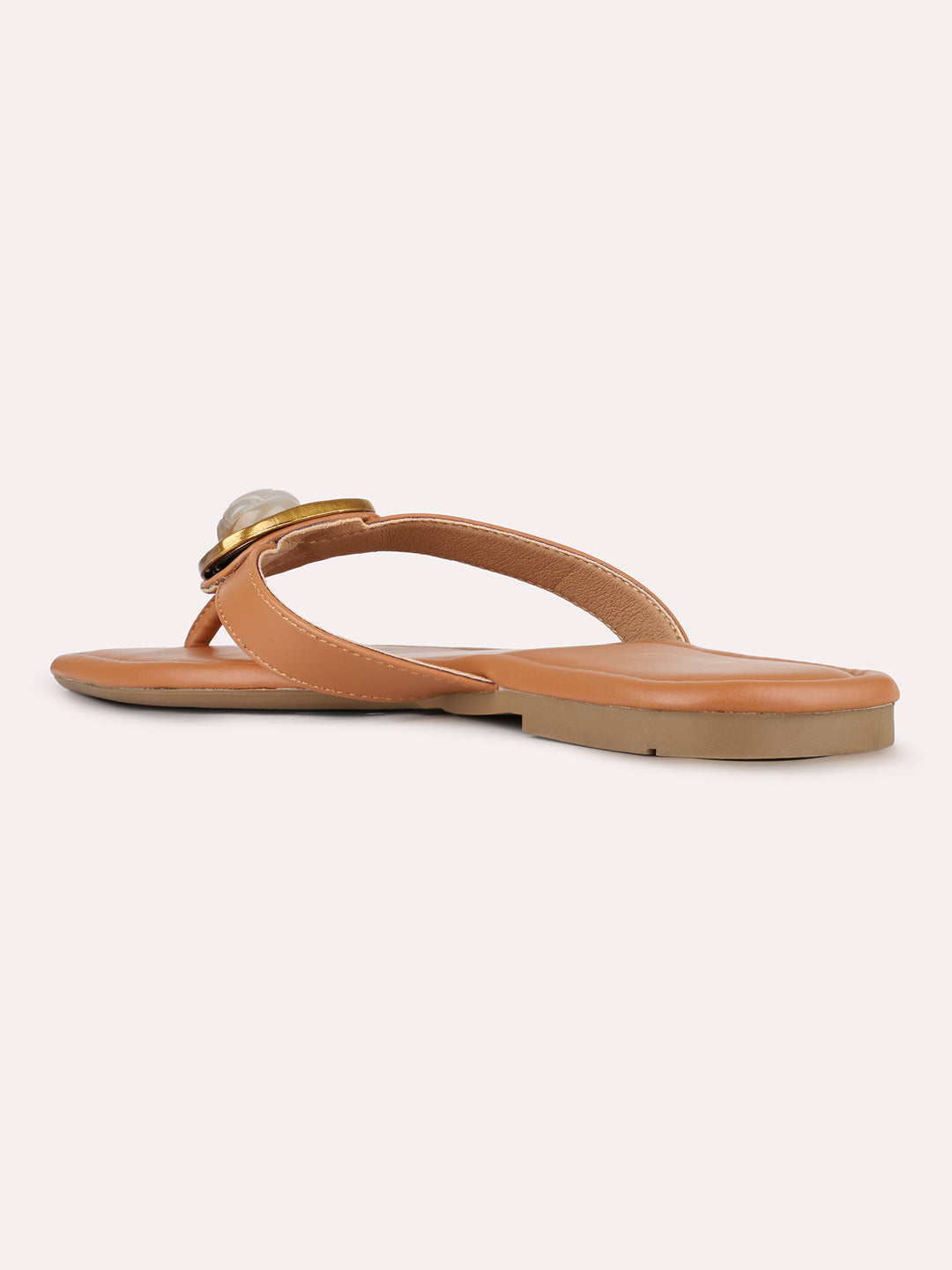 Womens Tan Casual Solid T-Strap Flat Slip-Ons
