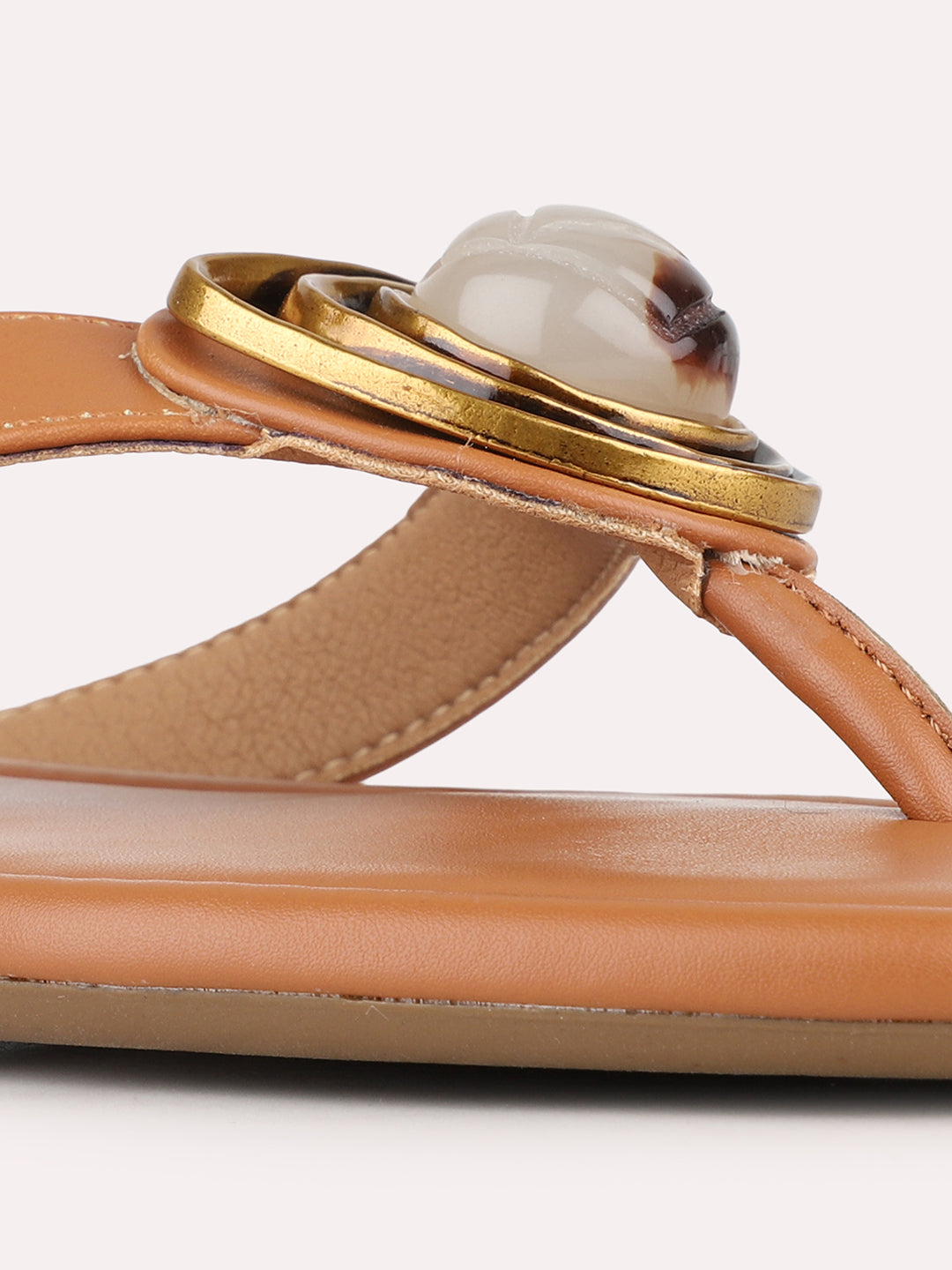 Womens Tan Casual Solid T-Strap Flat Slip-Ons