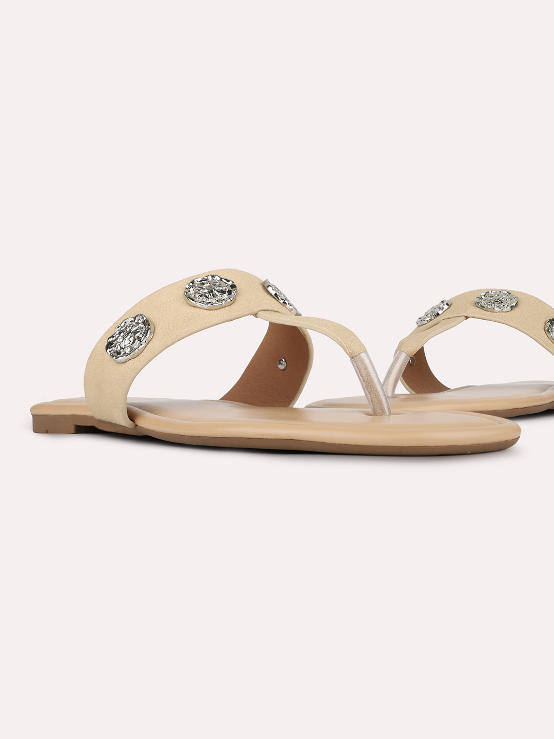 Womens Beige Casual Embellished T-Strap Slip-On Flats