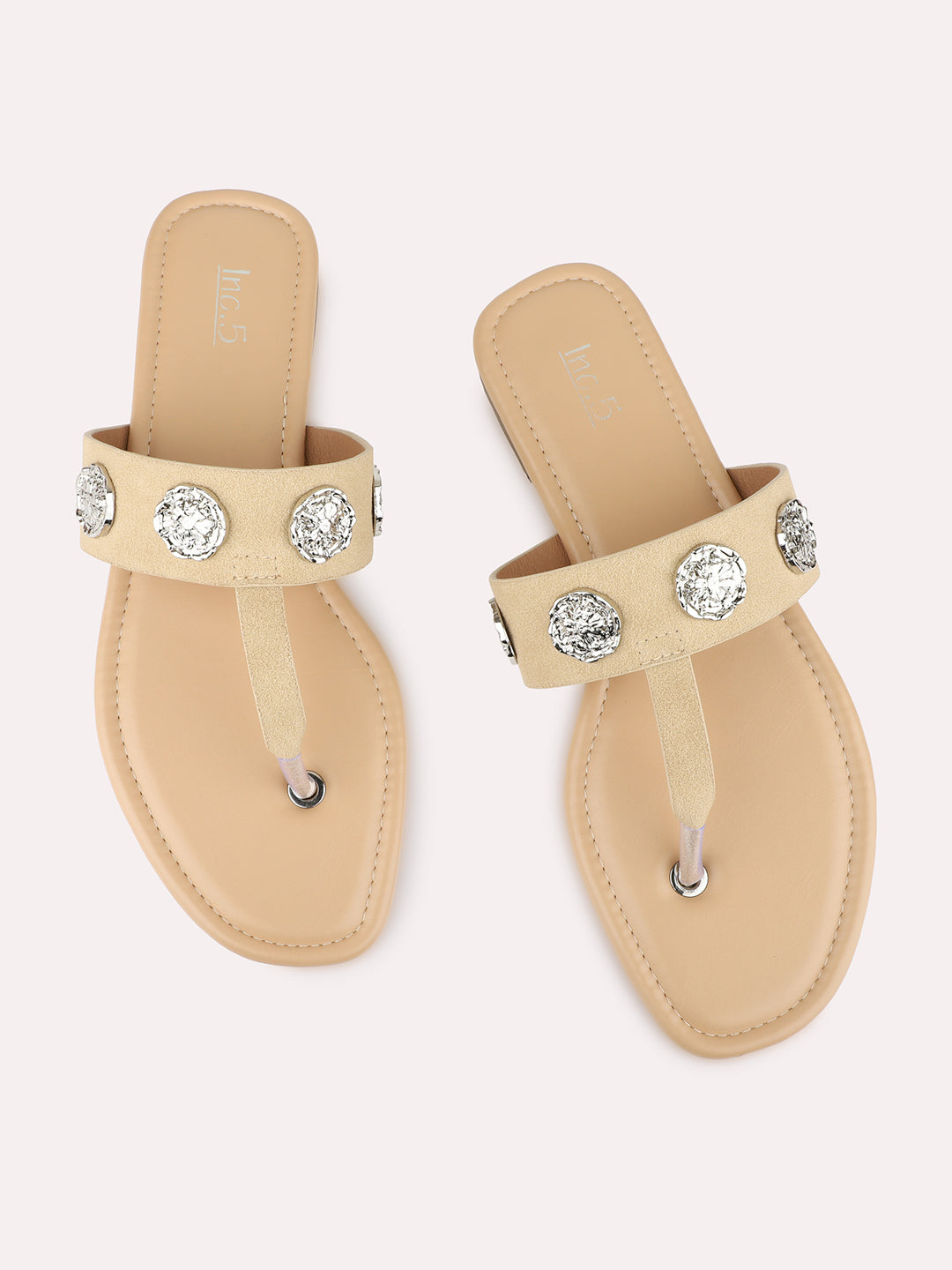 Womens Beige Casual Embellished T-Strap Slip-On Flats