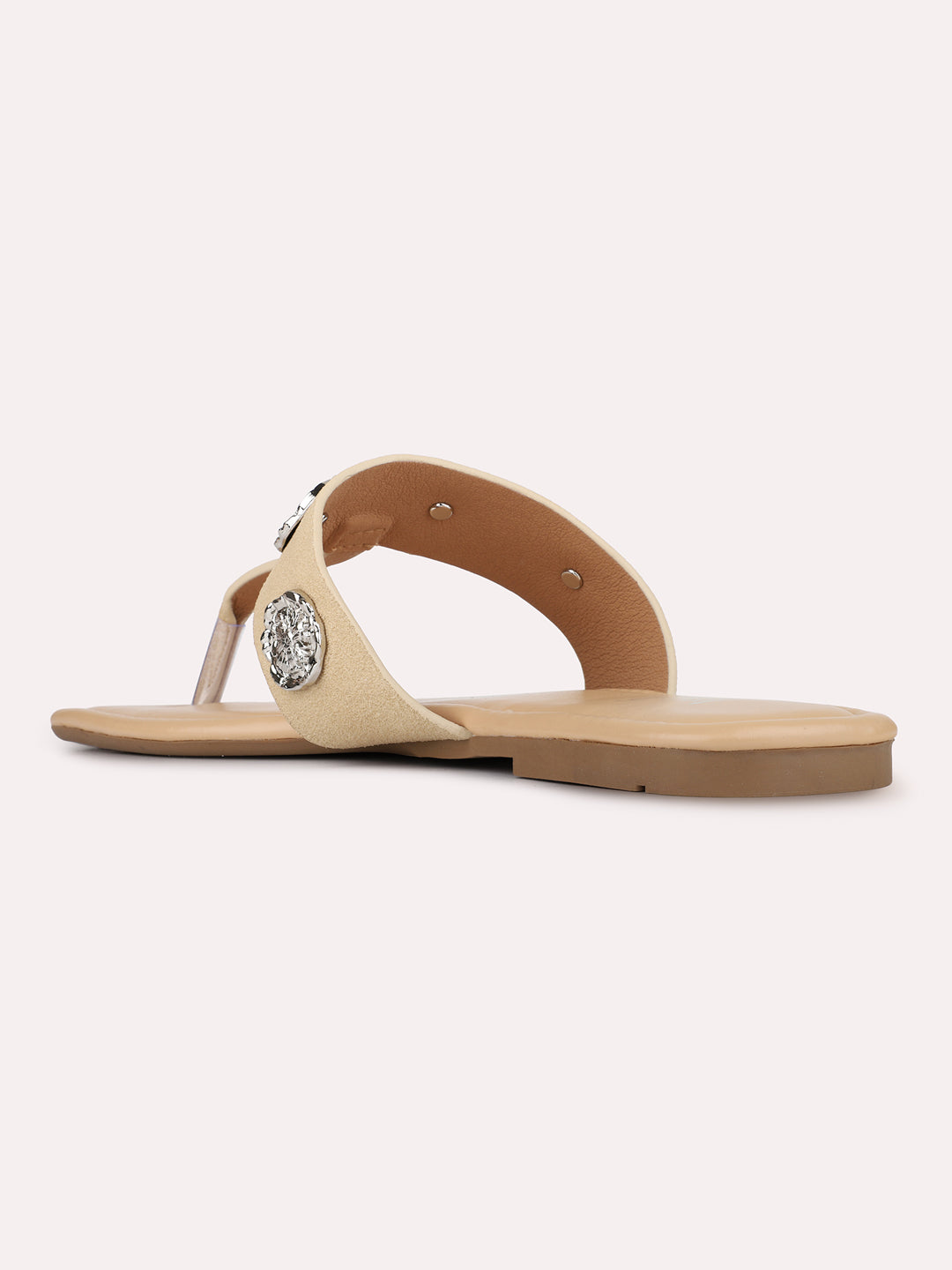 Womens Beige Casual Embellished T-Strap Slip-On Flats
