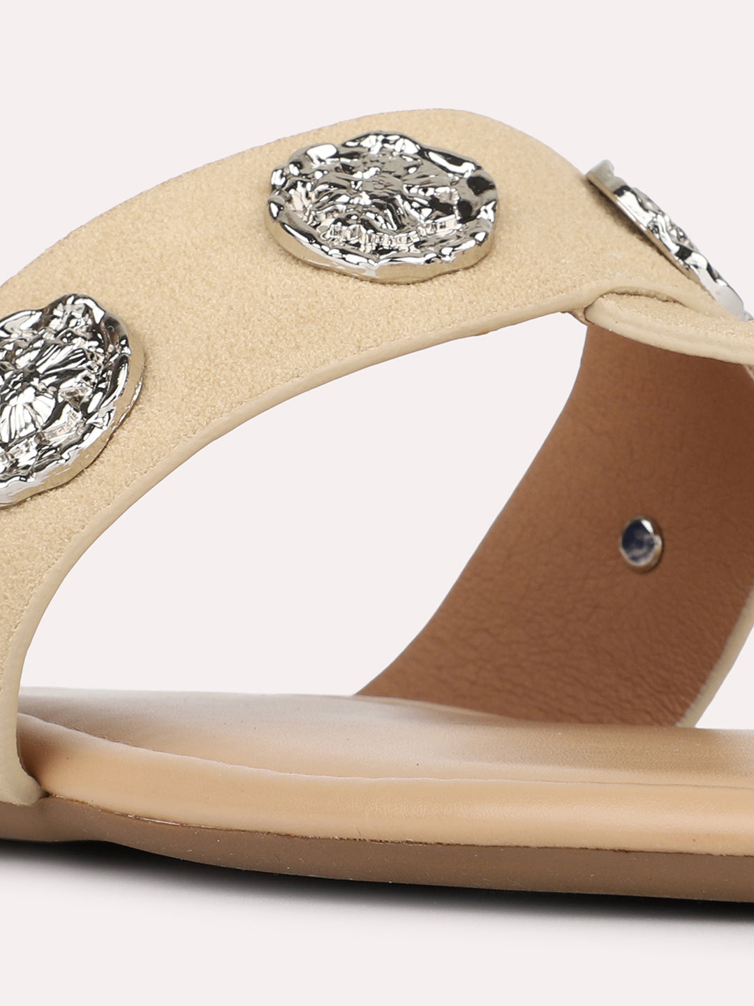 Womens Beige Casual Embellished T-Strap Slip-On Flats
