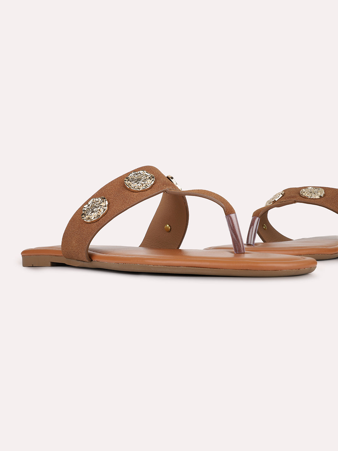 Womens Tan Casual Embellished T-Strap Slip-On Flats