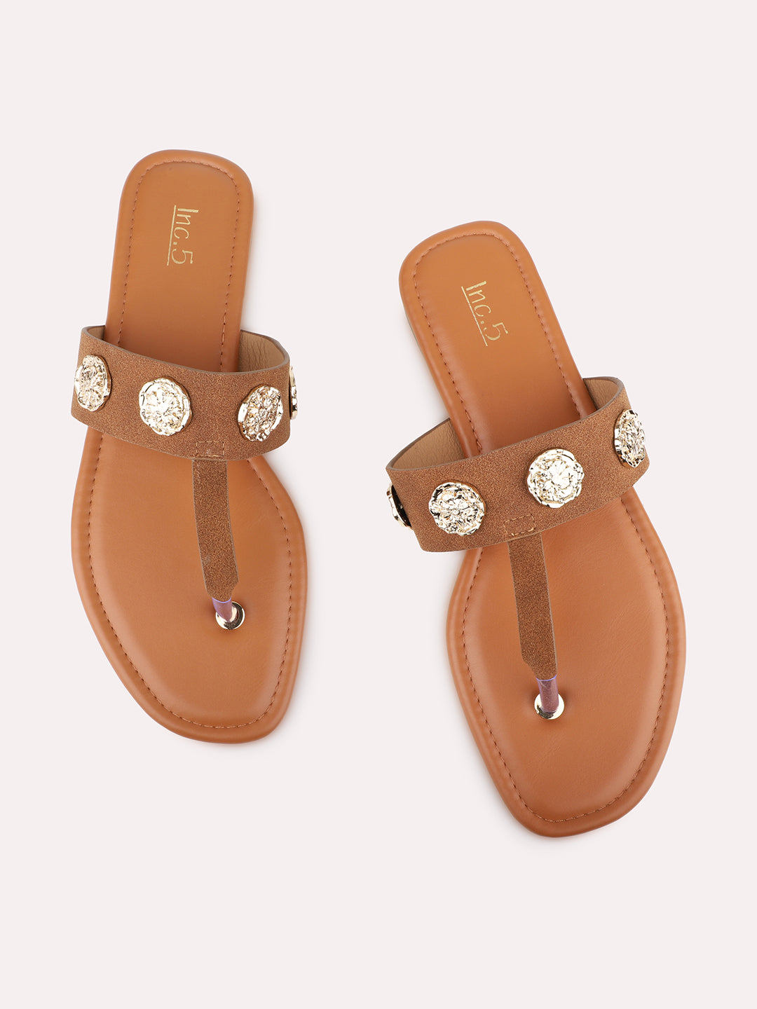 Womens Tan Casual Embellished T-Strap Slip-On Flats