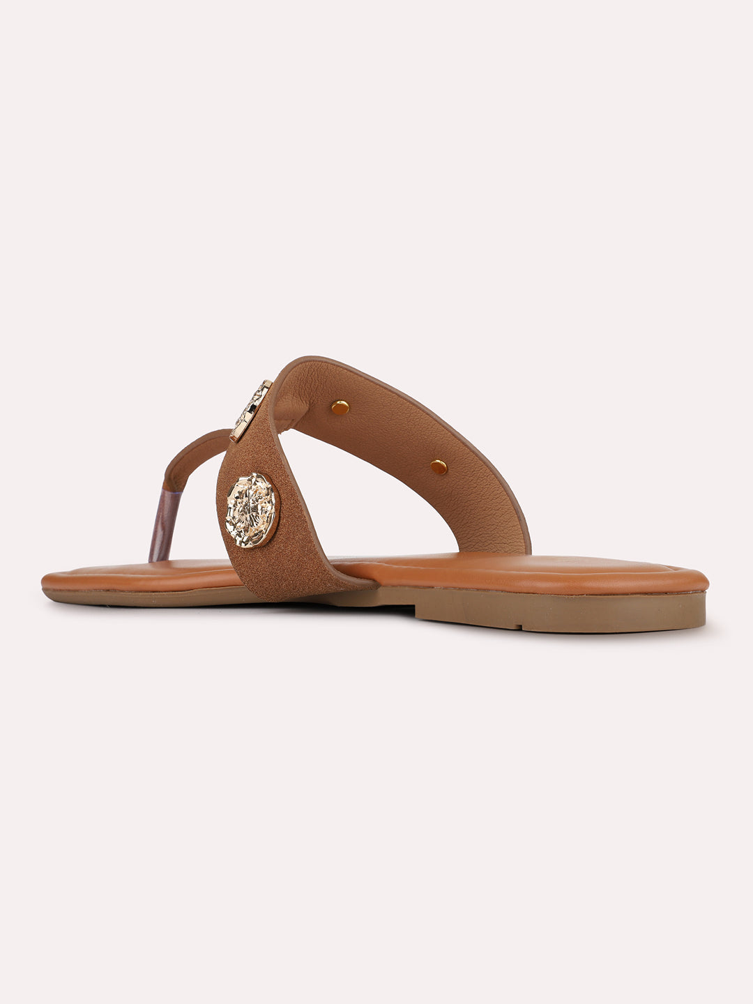 Womens Tan Casual Embellished T-Strap Slip-On Flats