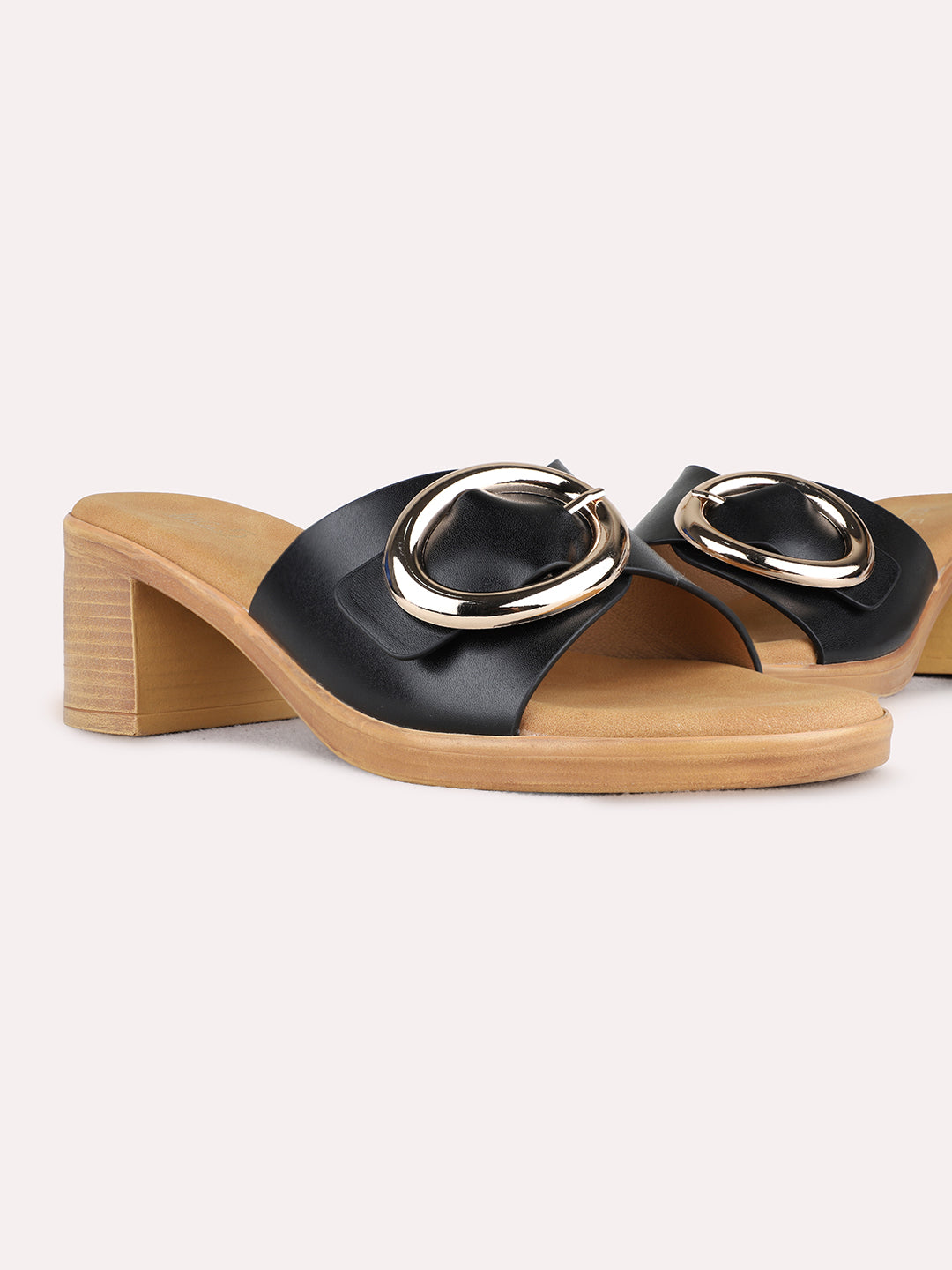 Womens Black Party Wear Solid Round Toe Block Heels