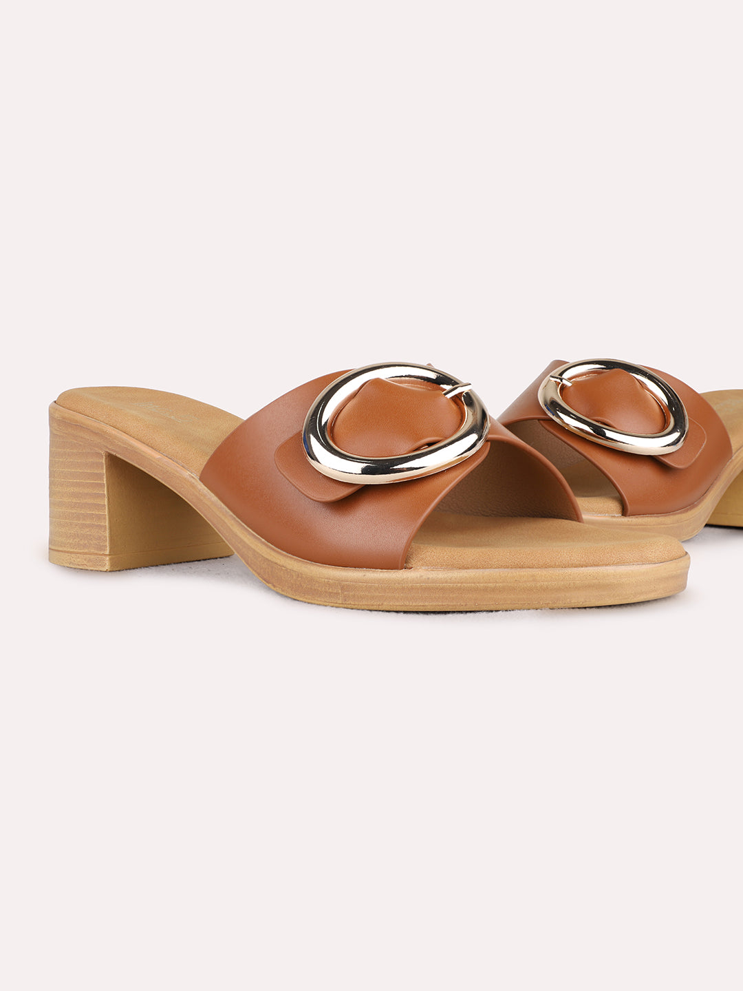 Womens Tan Party Wear Solid Round Toe Block Heels