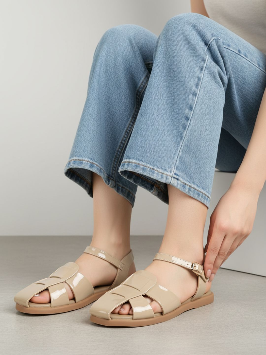 Womens Beige Casual Striped Round Toe Flats