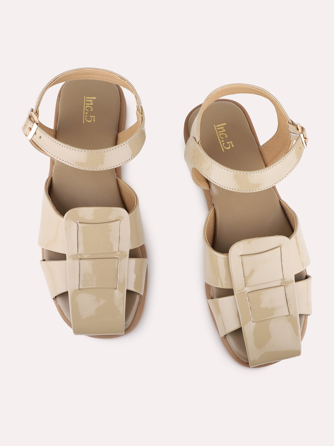 Womens Beige Casual Striped Round Toe Flats