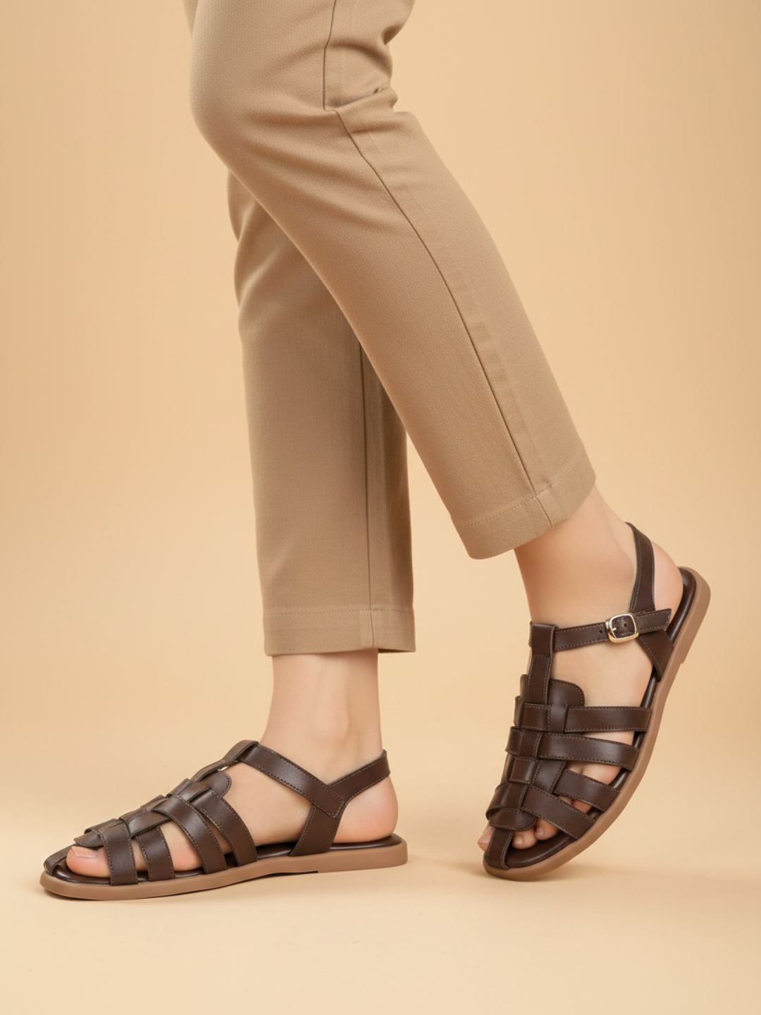 Womens Brown Casual Striped Round Toe Flats