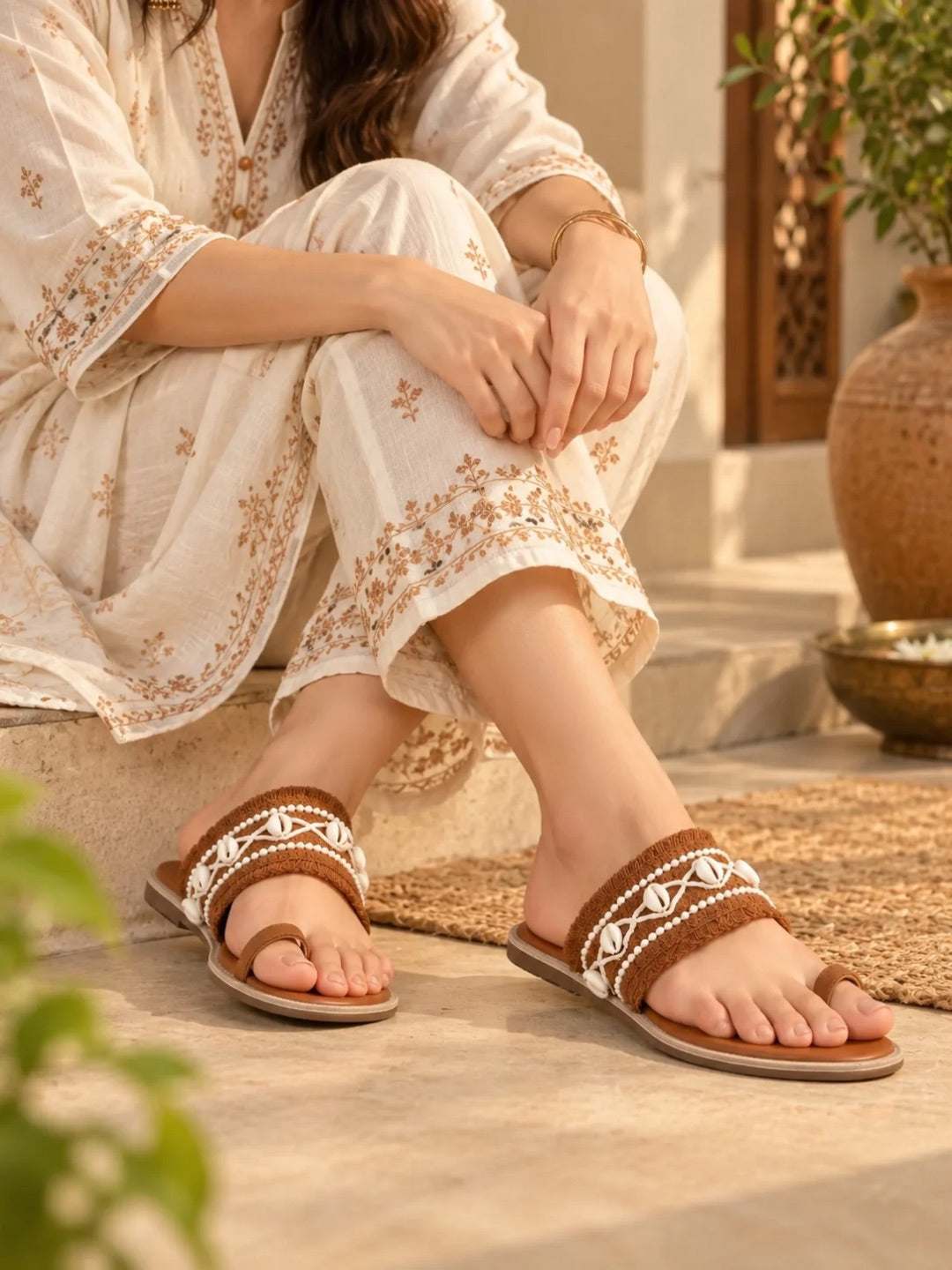 Womens Tan Ethnic Embellished Round Toe Flat Slip-Ons