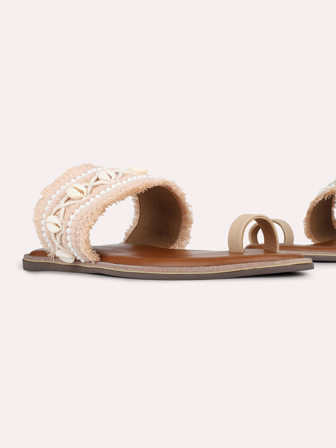 Womens Cream Ethnic Embellished Round Toe Flat Slip-Ons