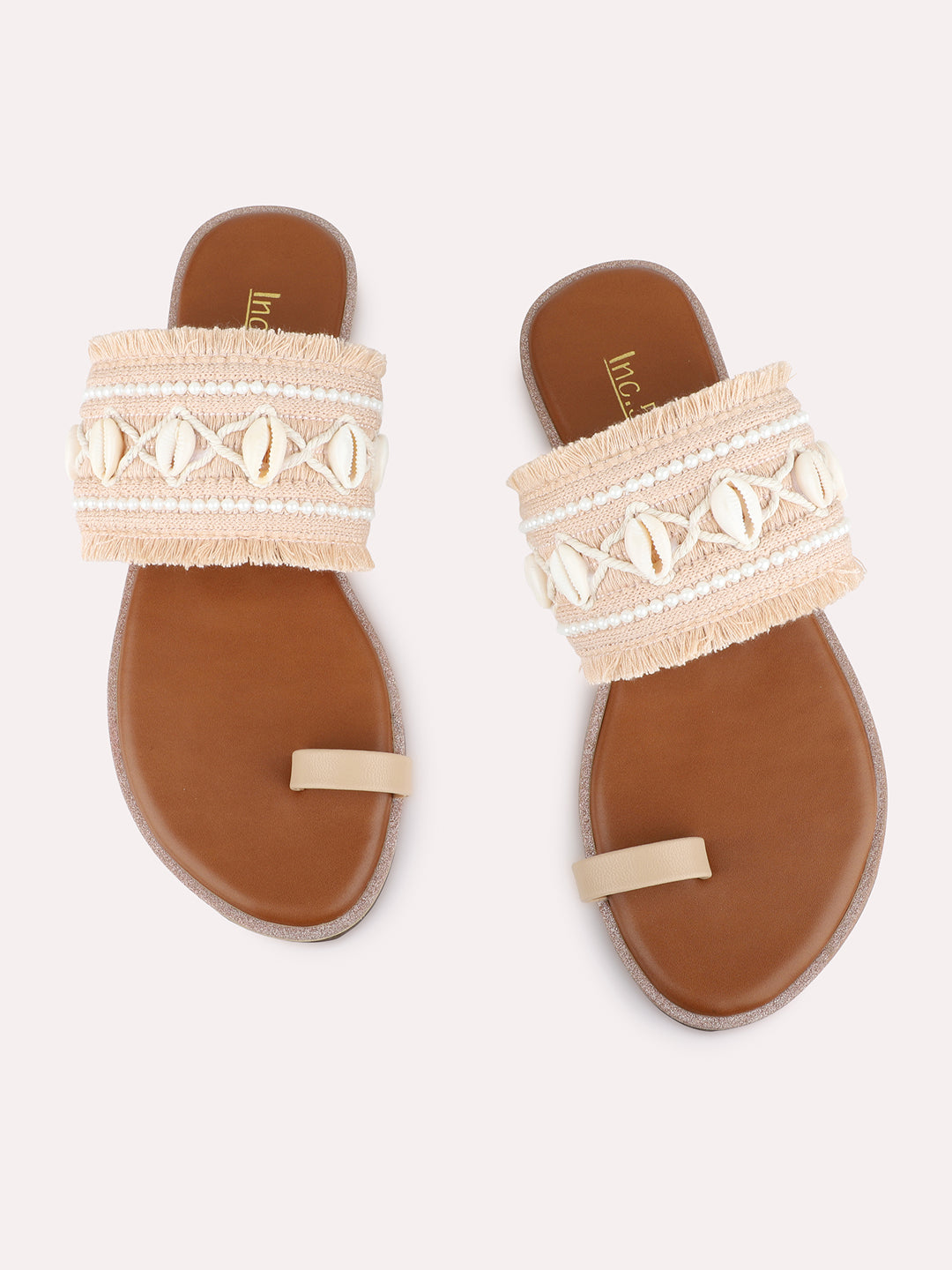 Womens Cream Ethnic Embellished Round Toe Flat Slip-Ons
