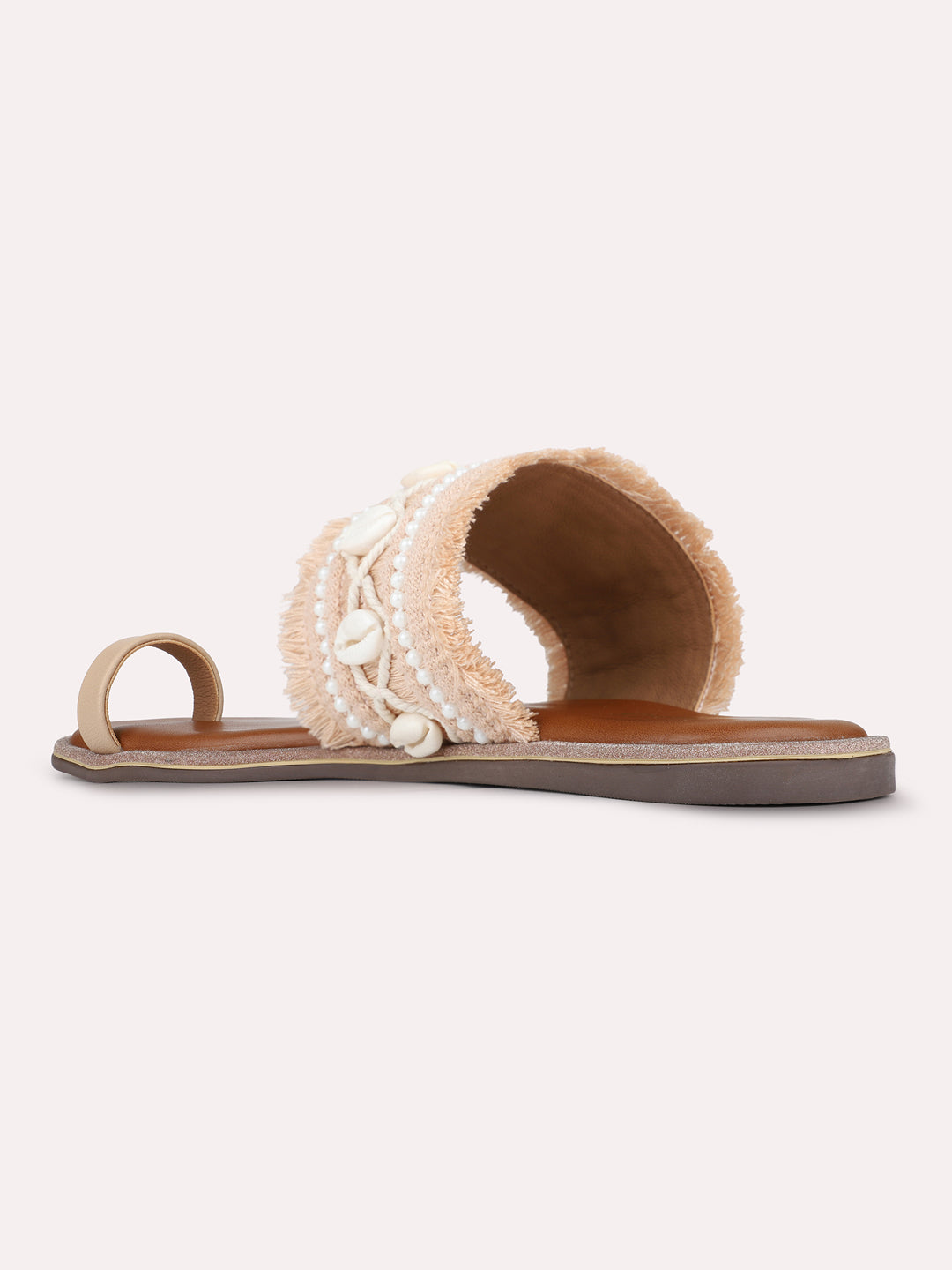 Womens Cream Ethnic Embellished Round Toe Flat Slip-Ons