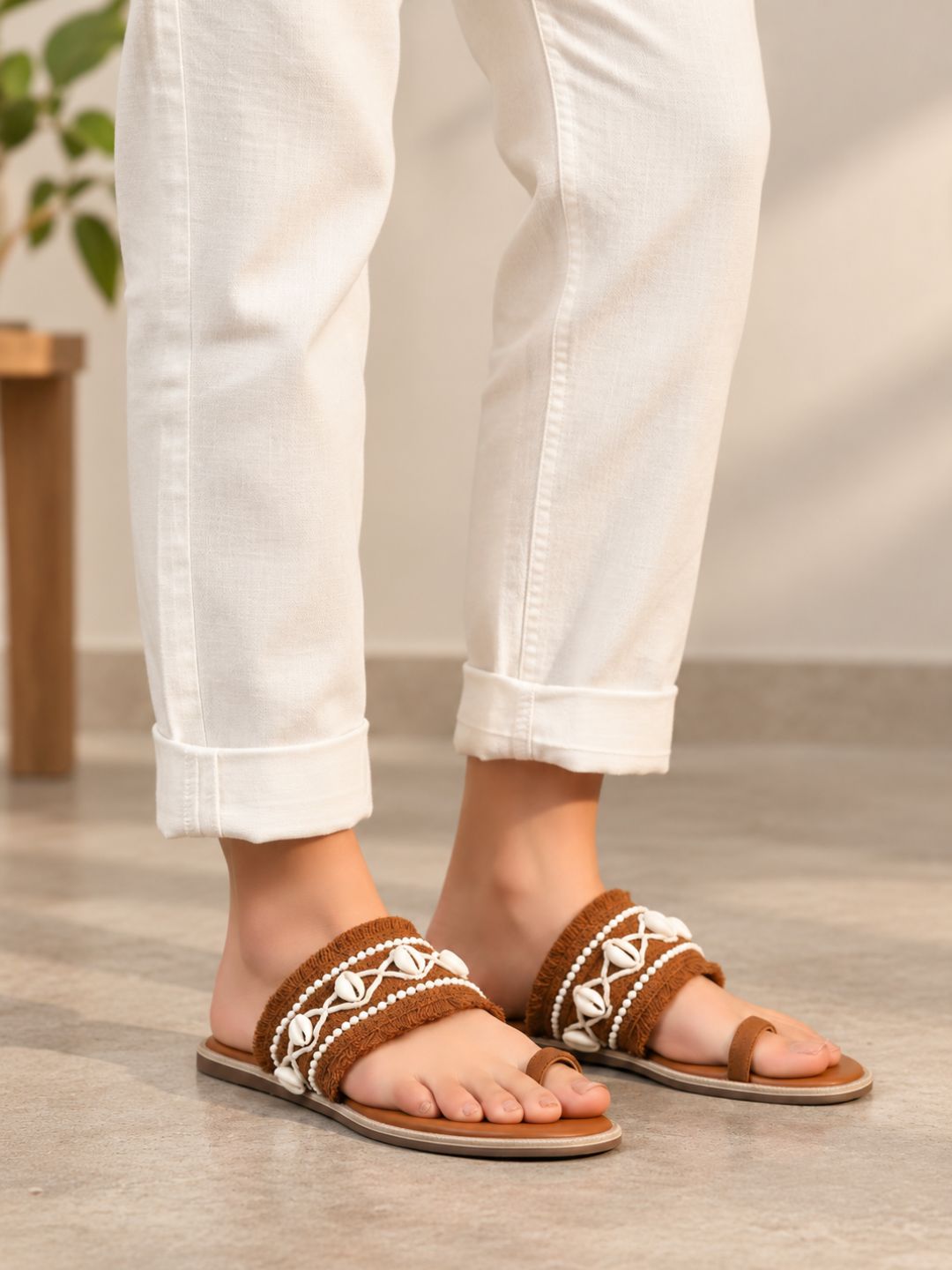 Womens Tan Ethnic Embellished Round Toe Flat Slip-Ons