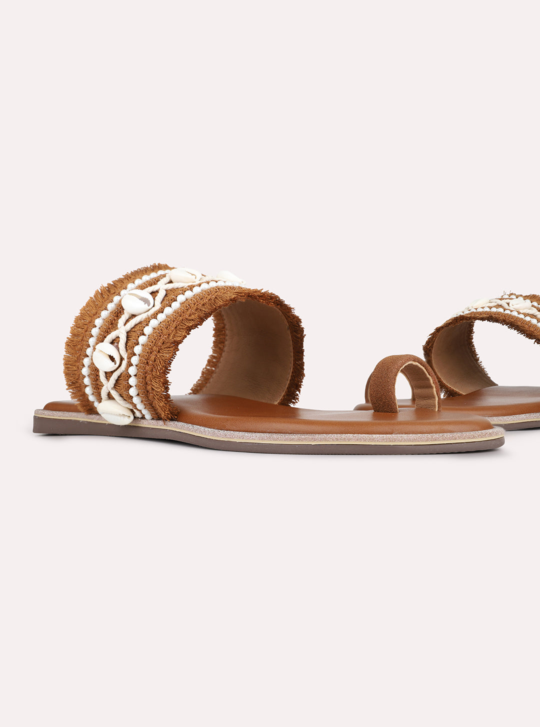 Womens Tan Ethnic Embellished Round Toe Flat Slip-Ons