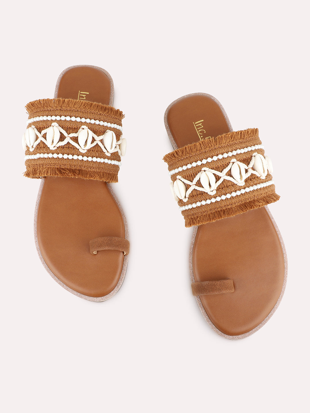 Womens Tan Ethnic Embellished Round Toe Flat Slip-Ons