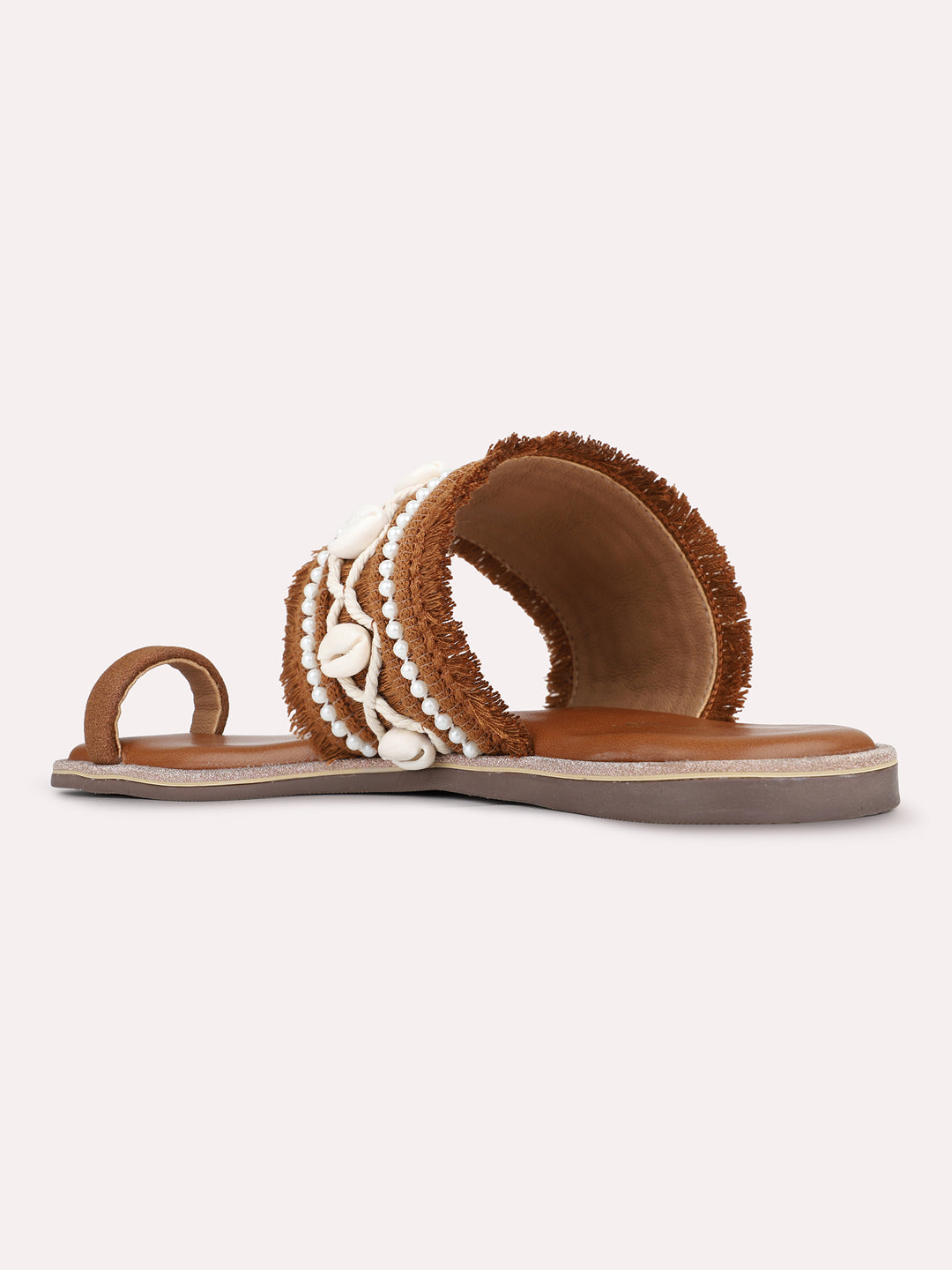 Womens Tan Ethnic Embellished Round Toe Flat Slip-Ons