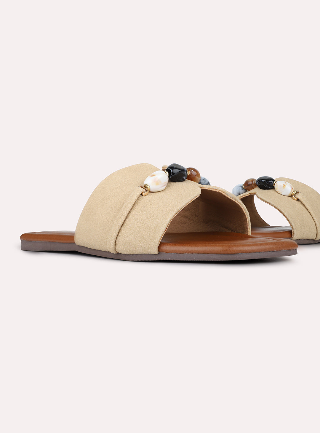 Womens Beige Casual Solid Pattern Open Toe Flat Slip-Ons