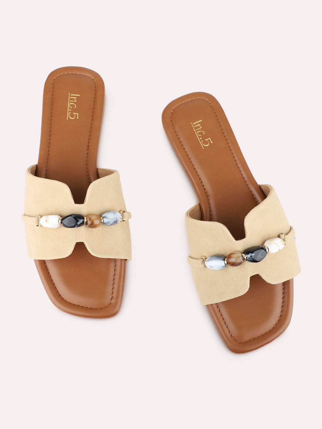 Womens Beige Casual Solid Pattern Open Toe Flat Slip-Ons