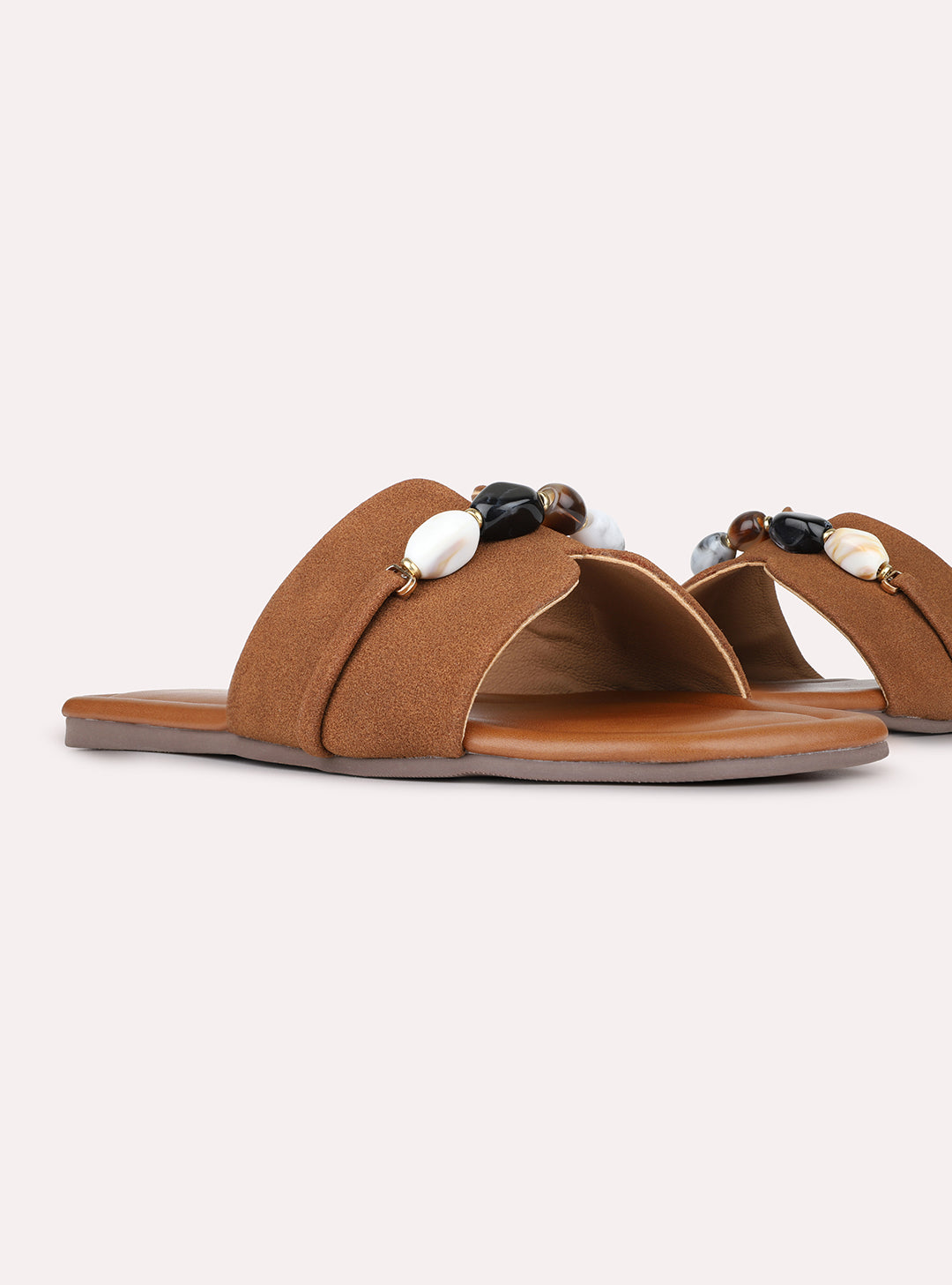 Womens Tan Solid Casual Open Toe Flat Slip-Ons