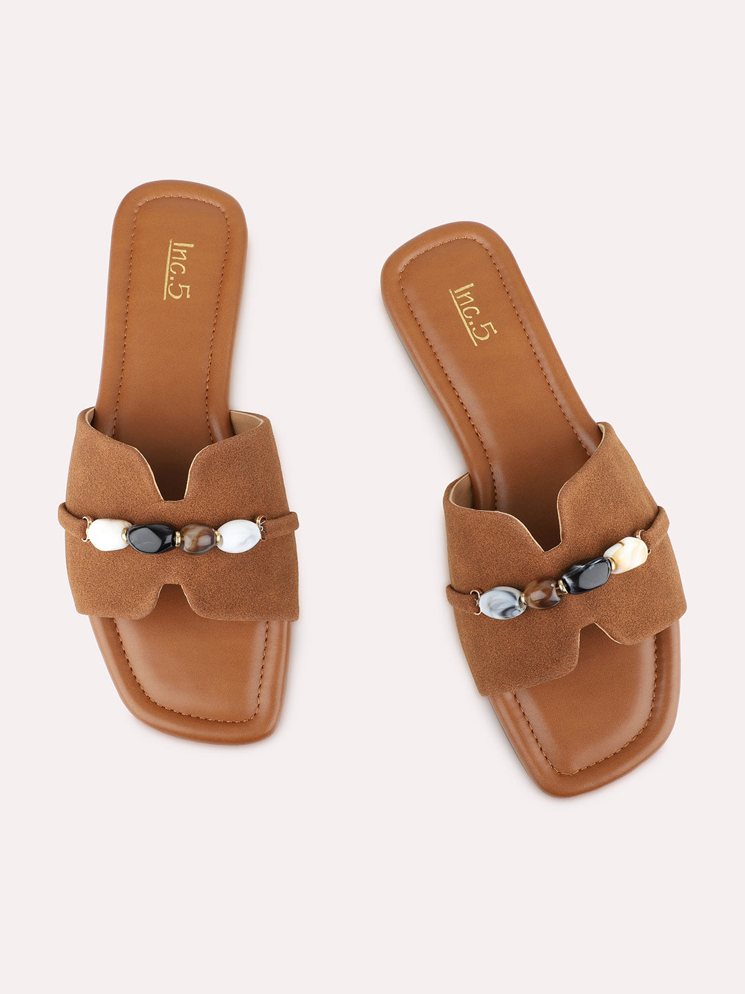 Womens Tan Solid Casual Open Toe Flat Slip-Ons