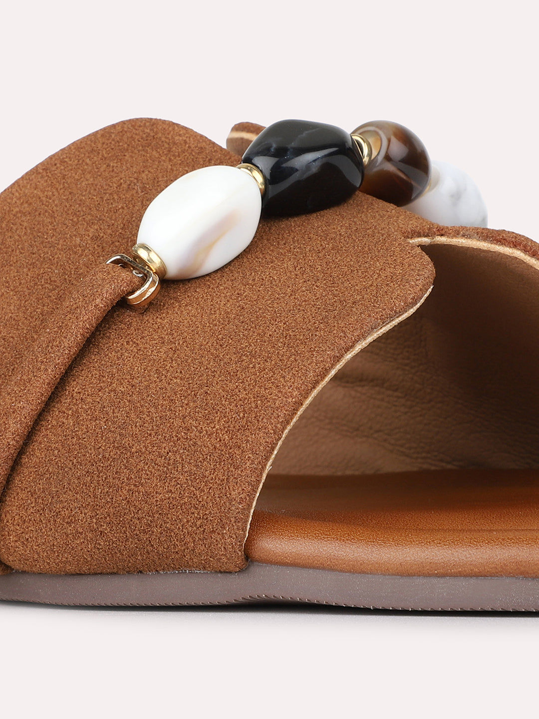 Womens Tan Solid Casual Open Toe Flat Slip-Ons