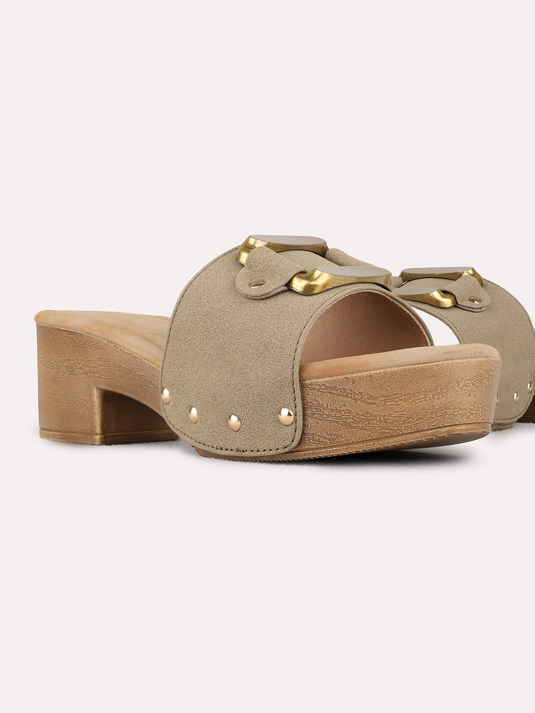 Womens Green Casual Solid Round Toe Block Heels