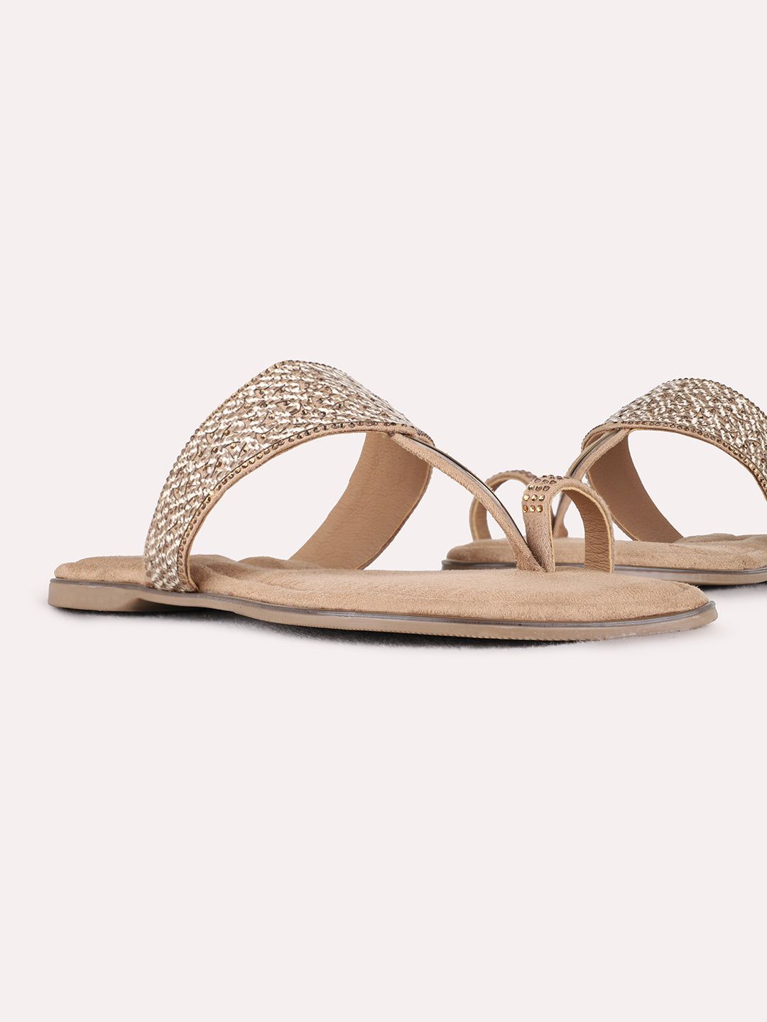 Womens Golden Casual Embellished One Toe Flat Slip-Ons