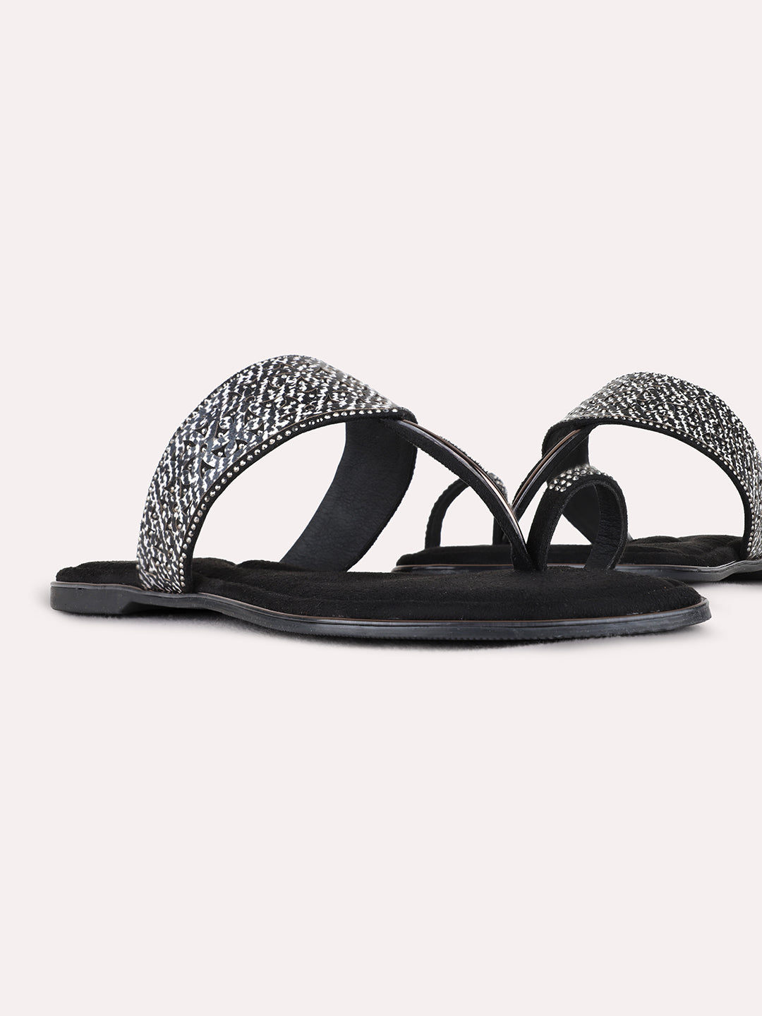 Womens Black Casual Embellished One Toe Flat Slip-Ons