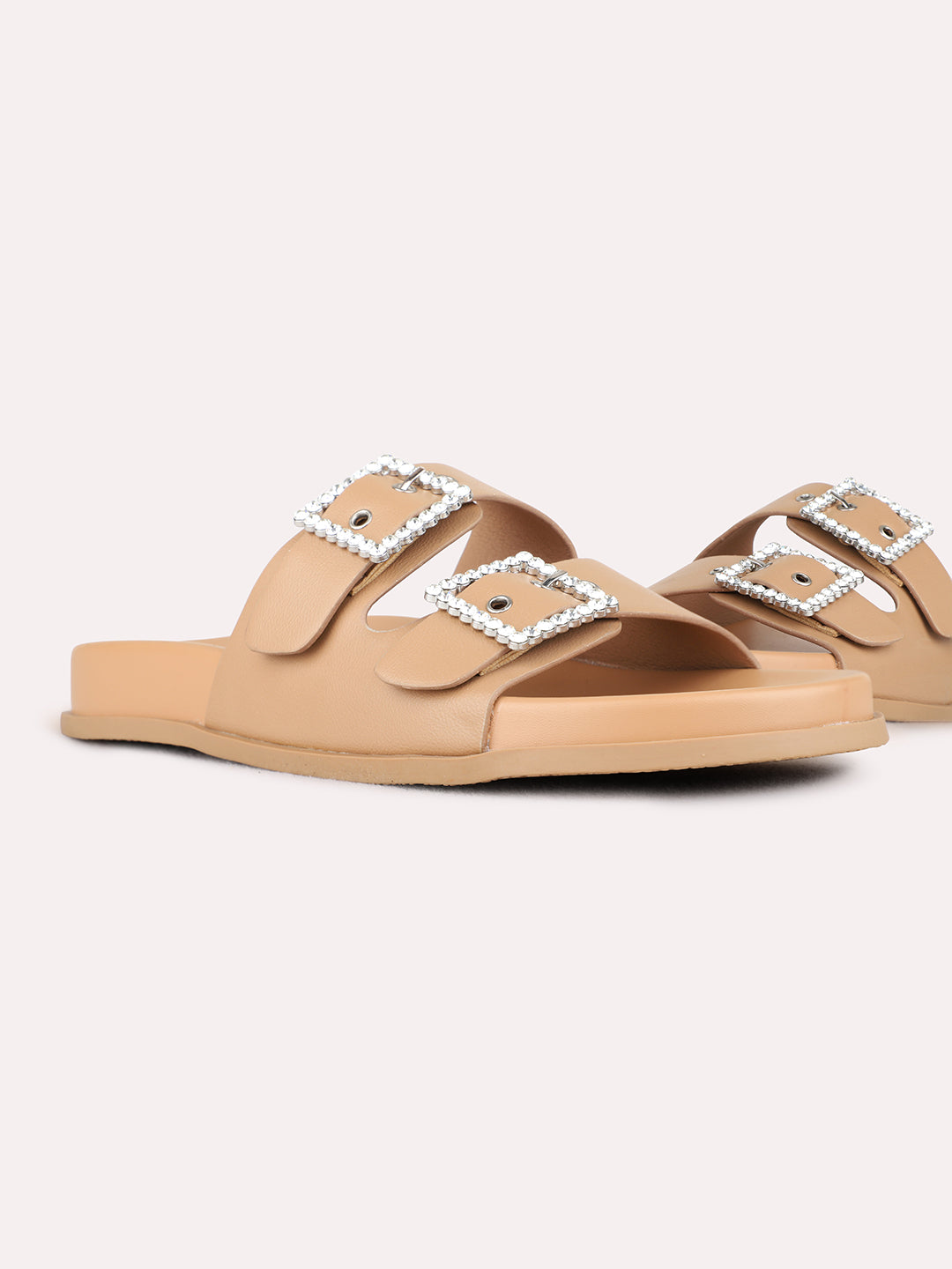 Womens Beige Casual Solid Open Toe Flat Slip-Ons